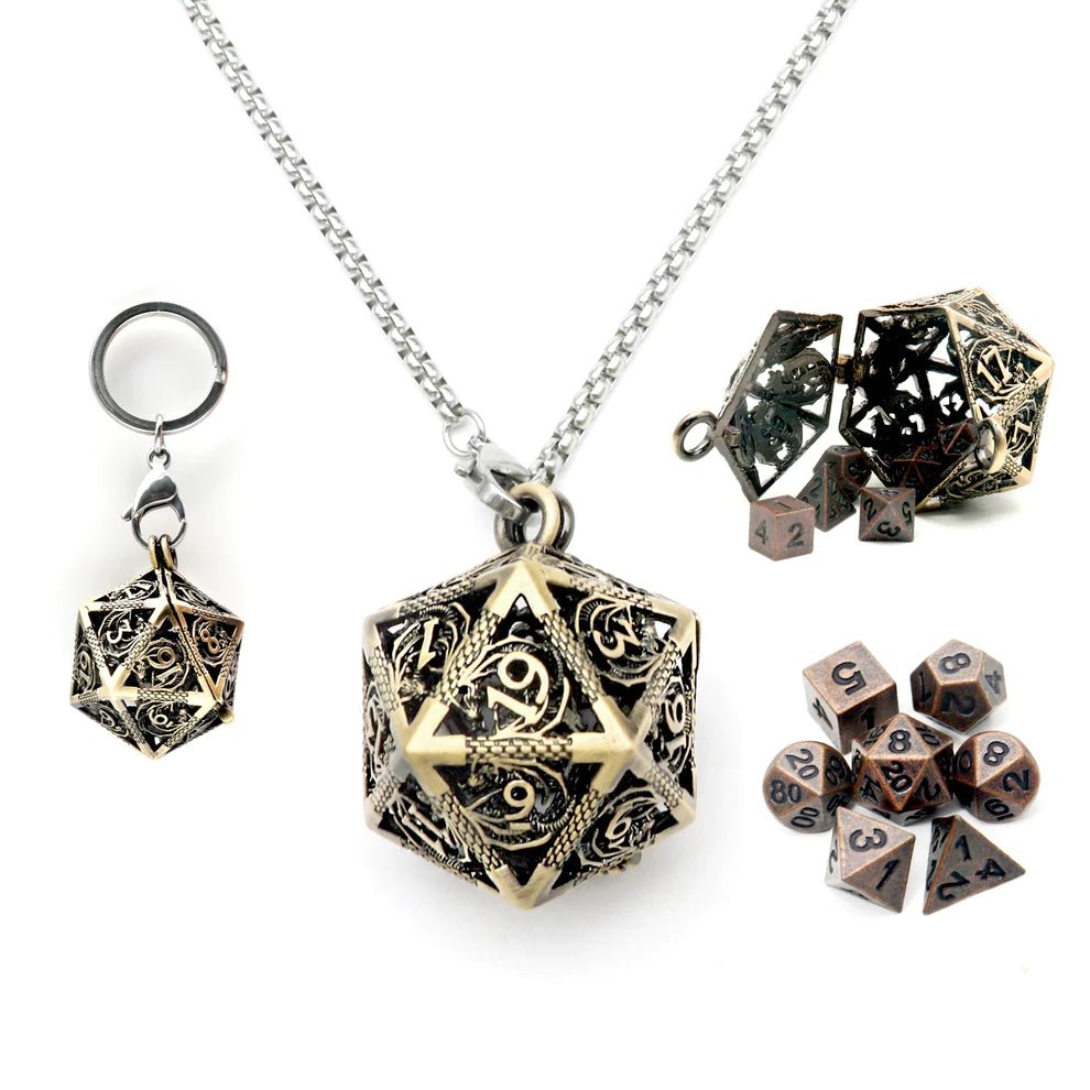 Antique Copper Mini Dice & Bronze Dice Cage Set - Haxtec - 1