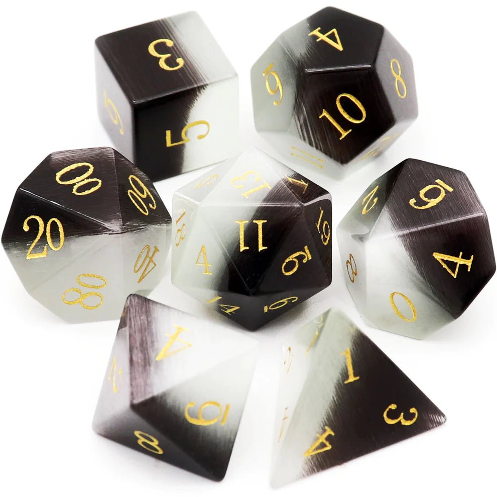 Gemstone: Black White Cat Eye Gold Numbers Dice Set - Haxtec - 1