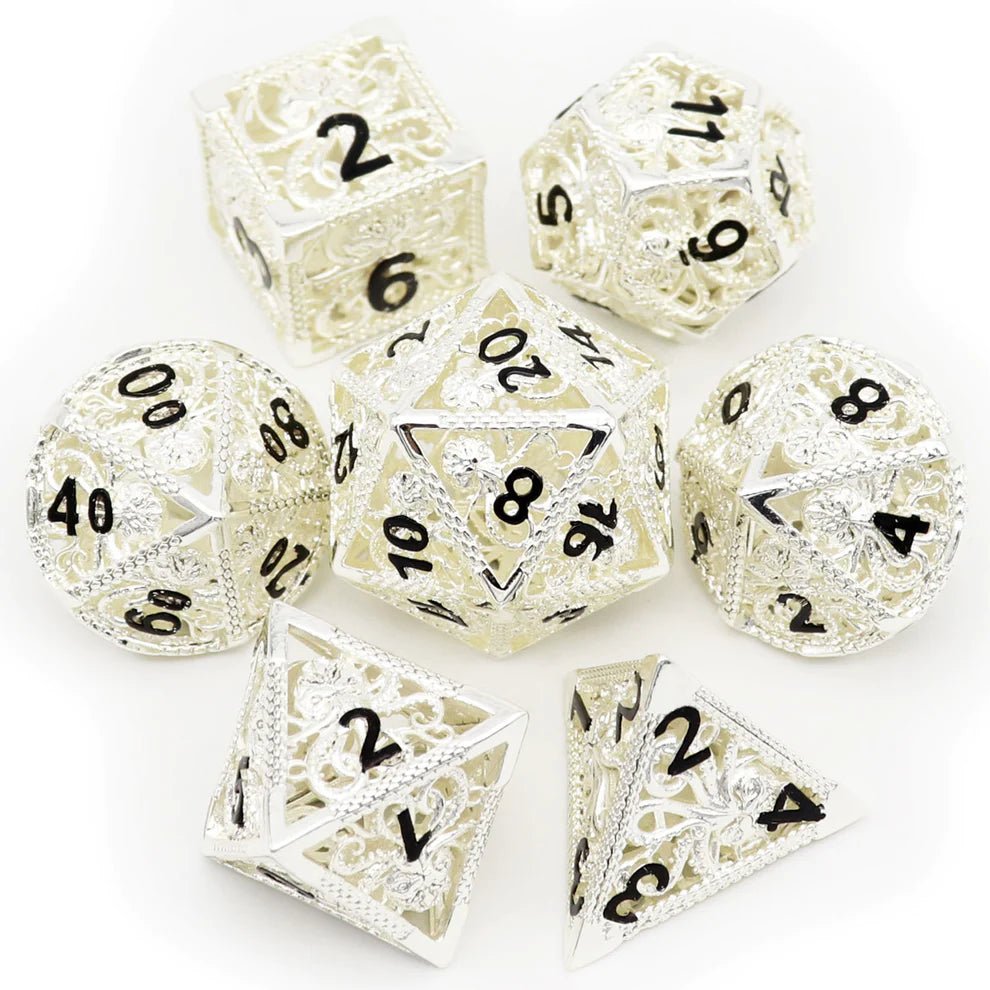 Kraken: Hollow Metal Dice Set, Silver Black Numbers - Haxtec - 1