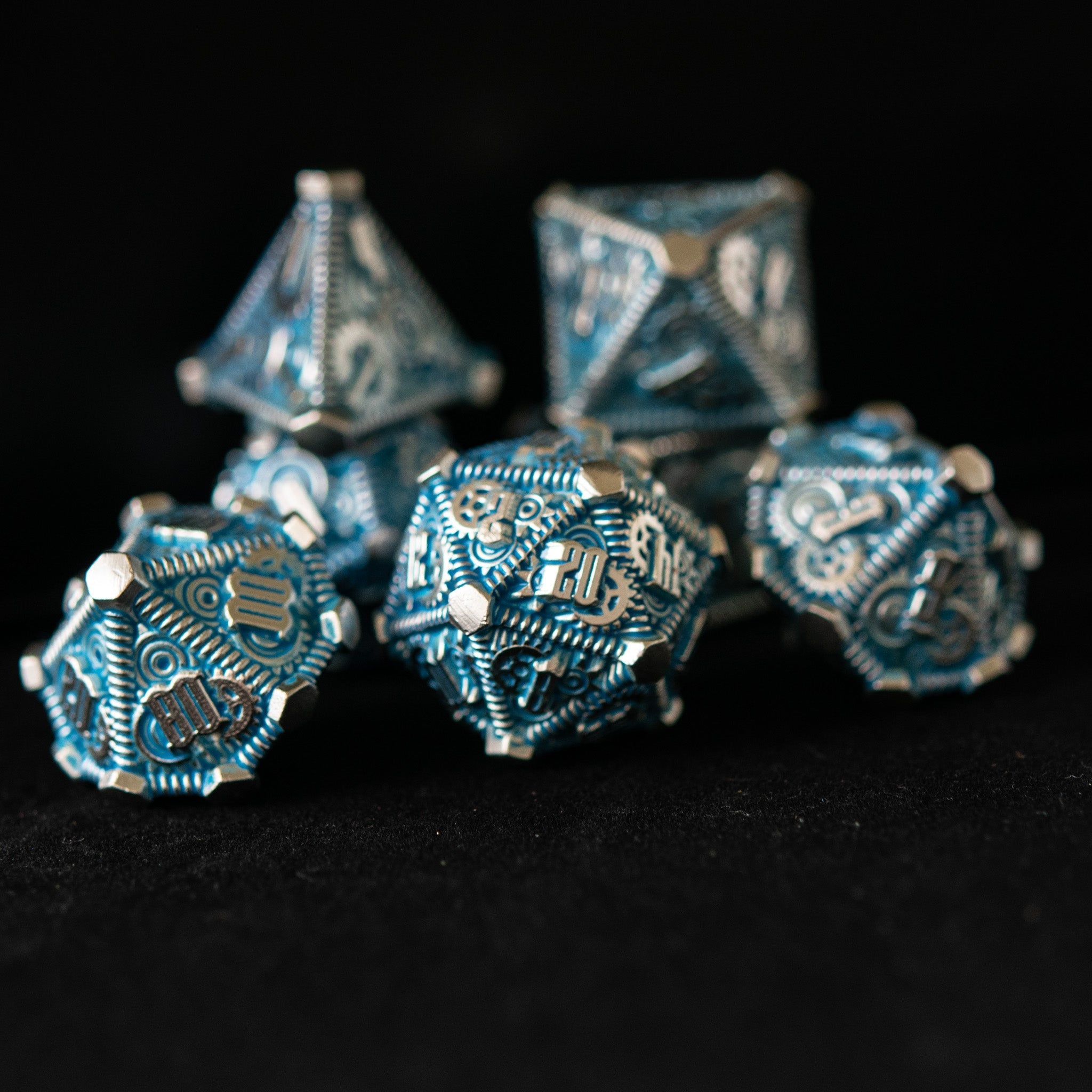 Aqua and Silver - Weird West Wasteland Metal Dice Set - Misty Mountain Gaming - 3