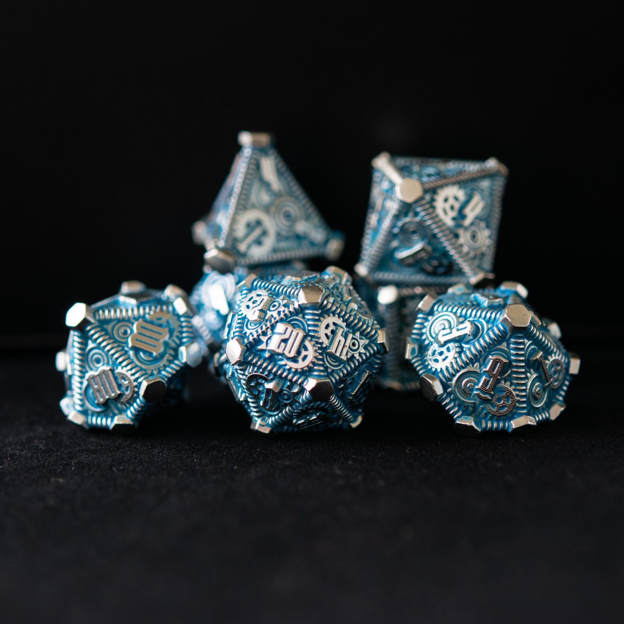 Aqua and Silver - Weird West Wasteland Metal Dice Set - Misty Mountain Gaming - 4