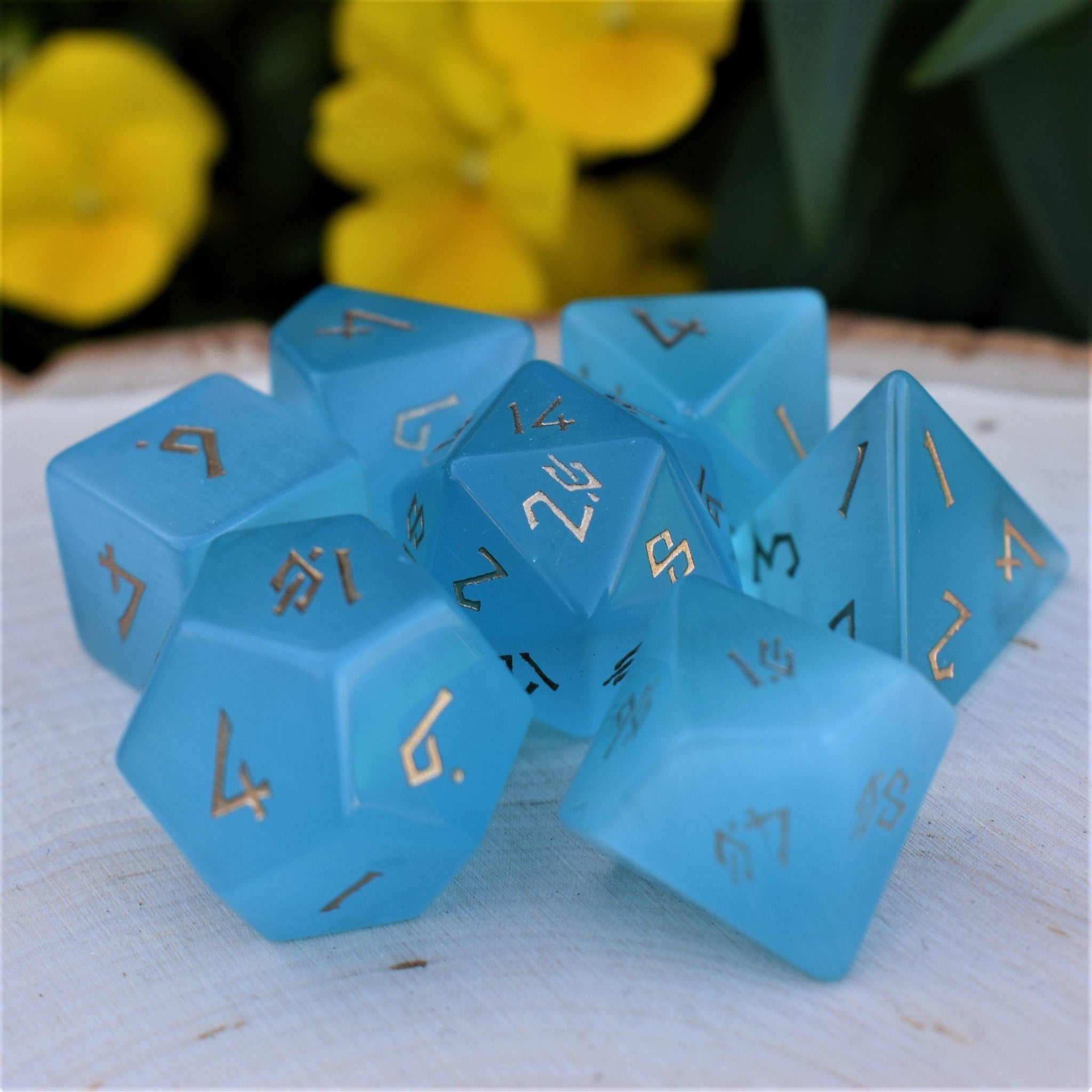 Aqua Blue Cat's Eye Stone Dice Set - Misty Mountain Gaming - 5