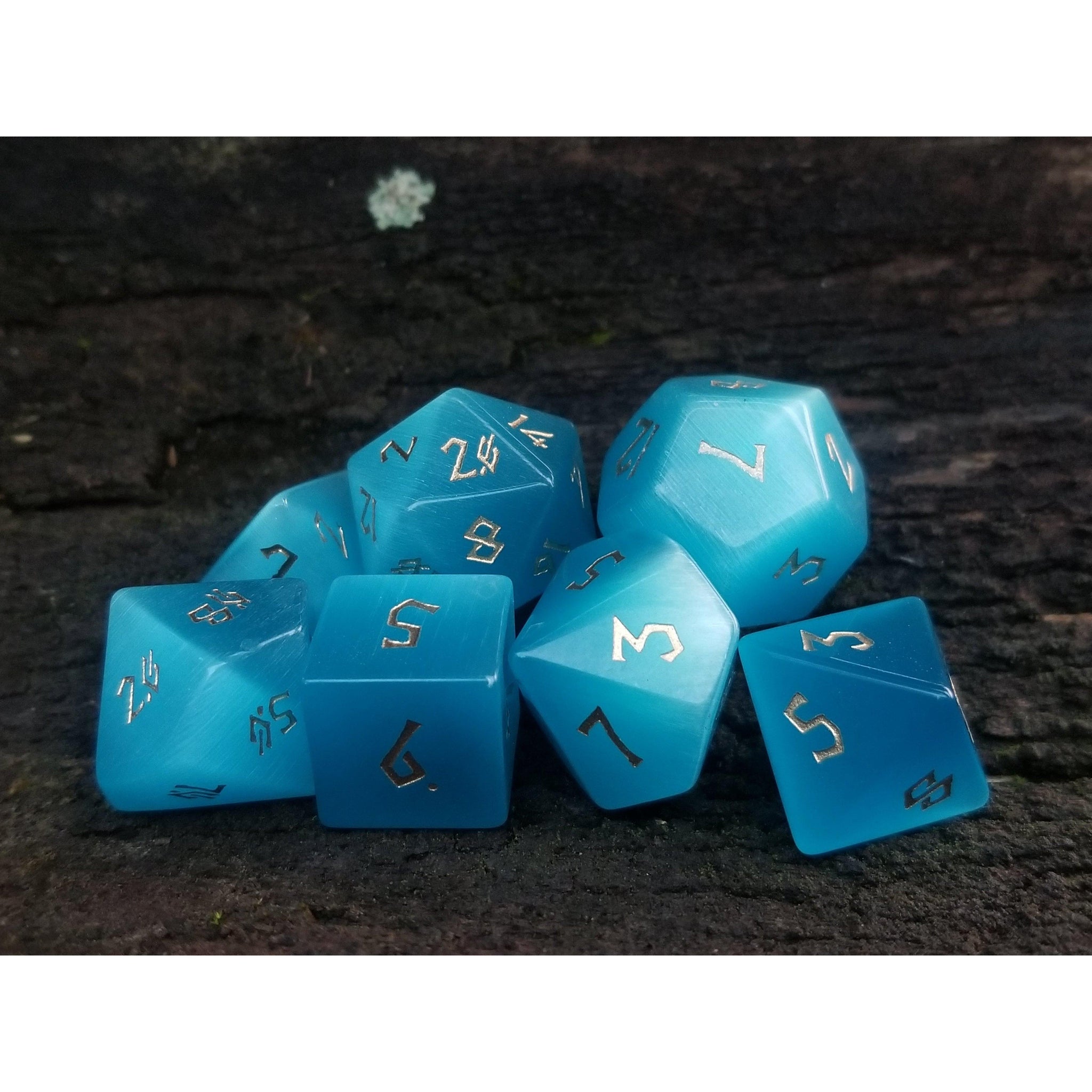 Aqua Blue Cat's Eye Stone Dice Set - Misty Mountain Gaming - 3