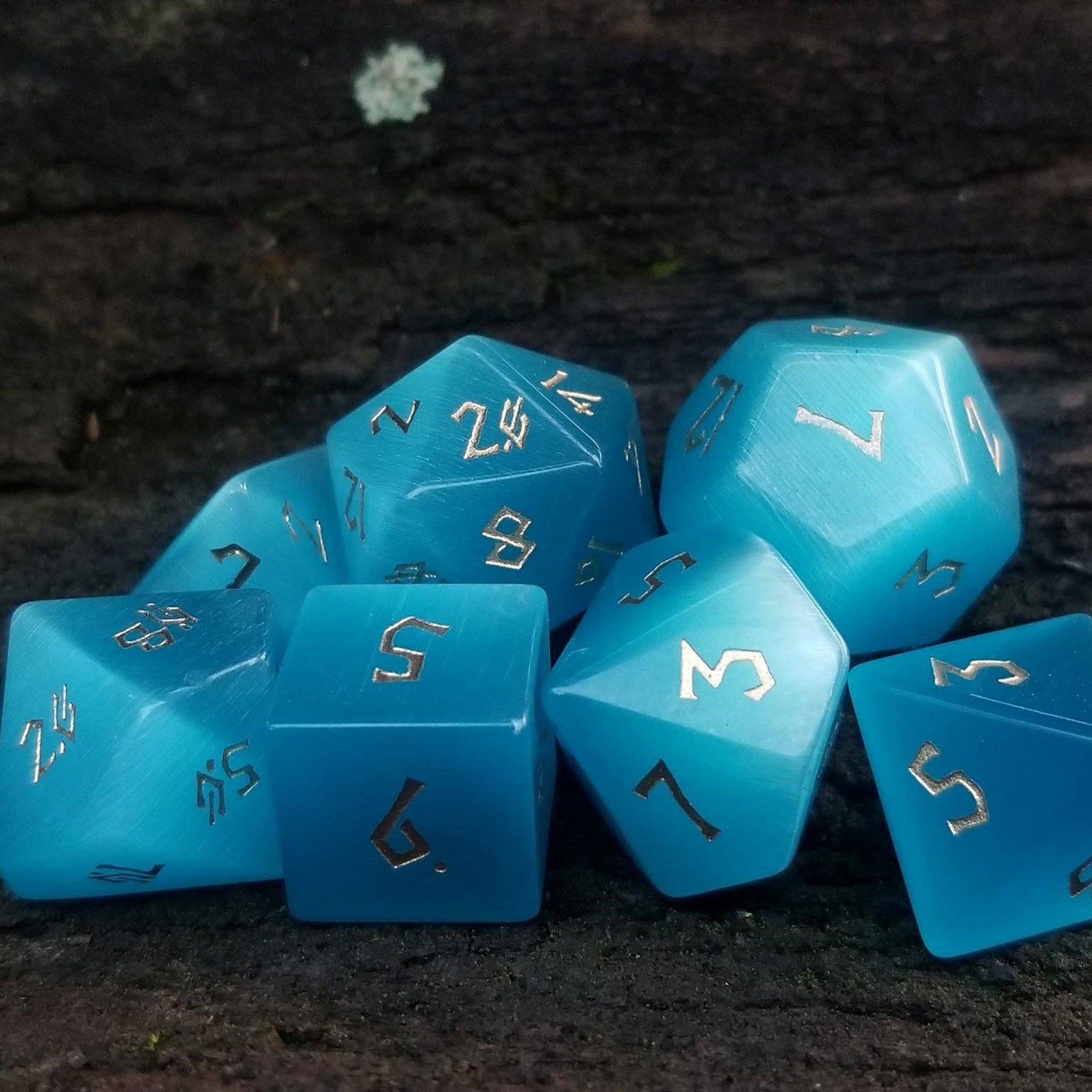 Aqua Blue Cat's Eye Stone Dice Set - Misty Mountain Gaming - 1