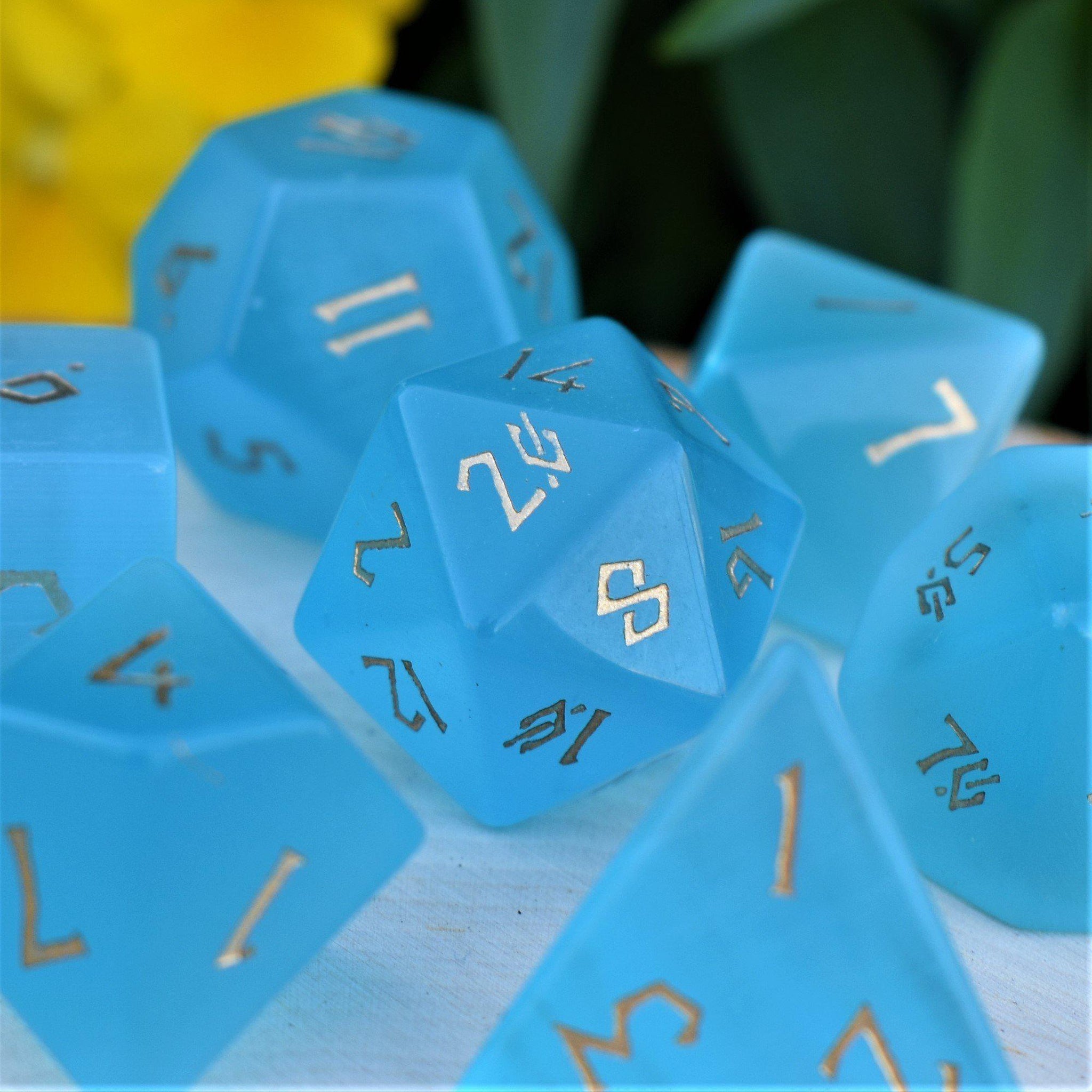 Aqua Blue Cat's Eye Stone Dice Set - Misty Mountain Gaming - 4