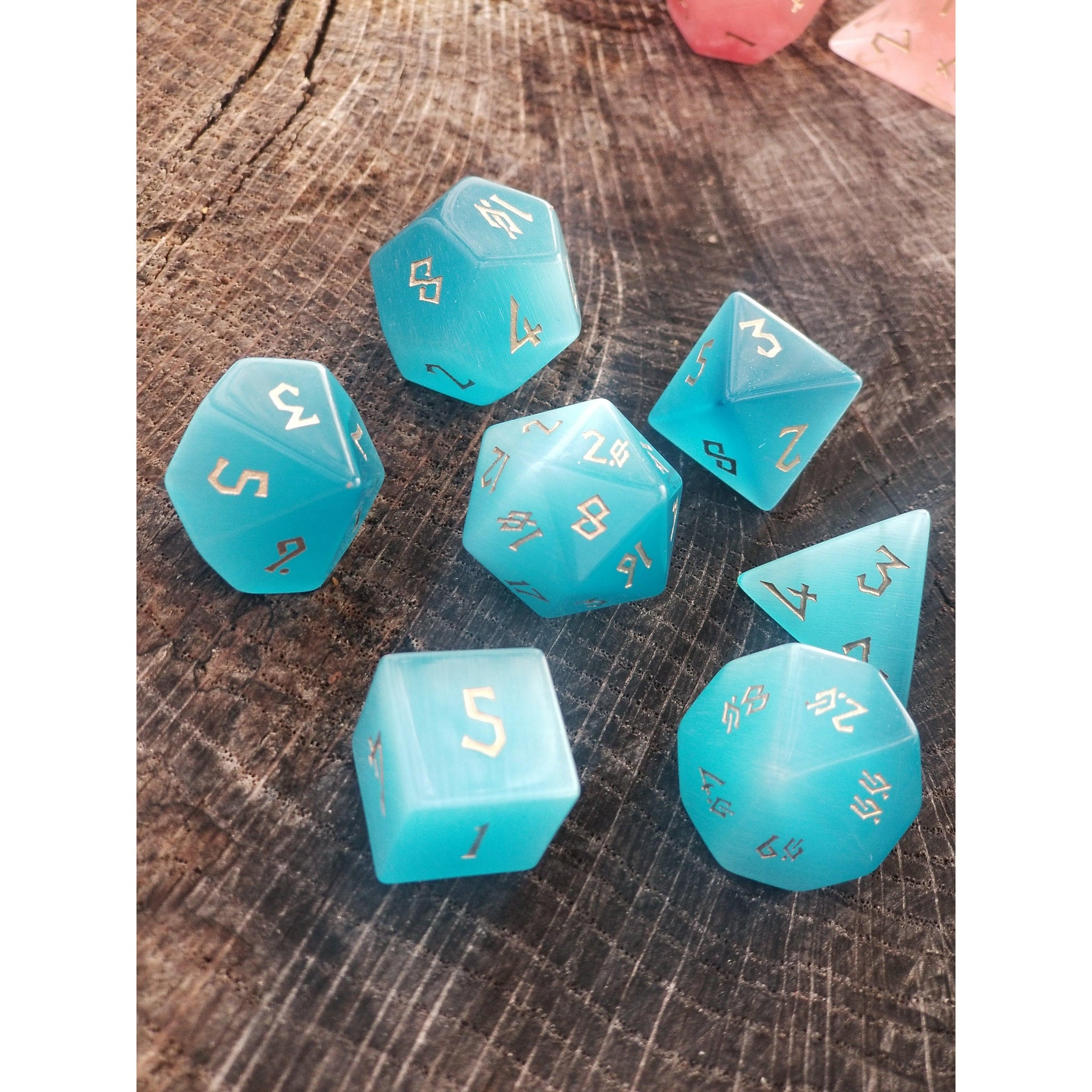 Aqua Blue Cat's Eye Stone Dice Set - Misty Mountain Gaming - 6