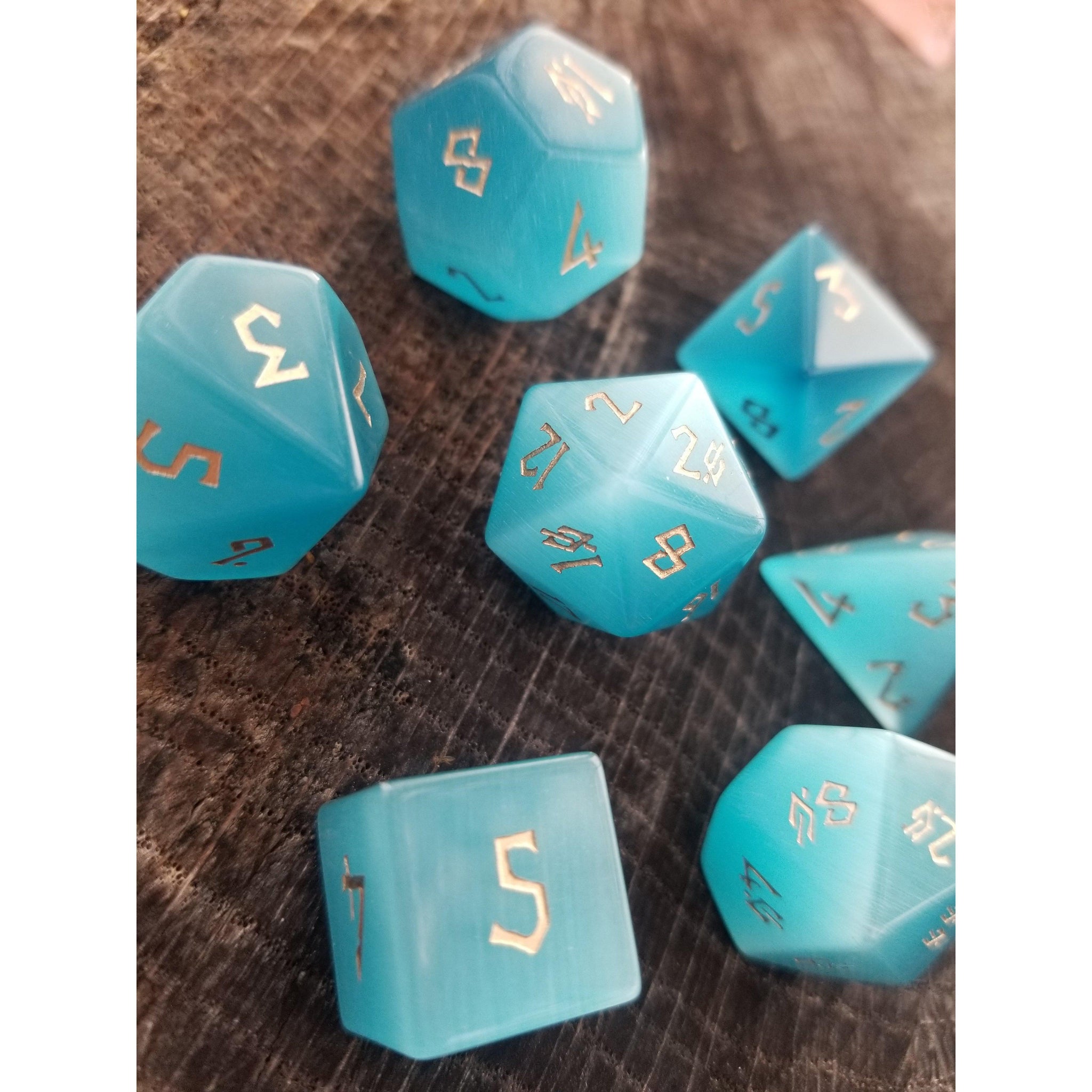 Aqua Blue Cat's Eye Stone Dice Set - Misty Mountain Gaming - 8