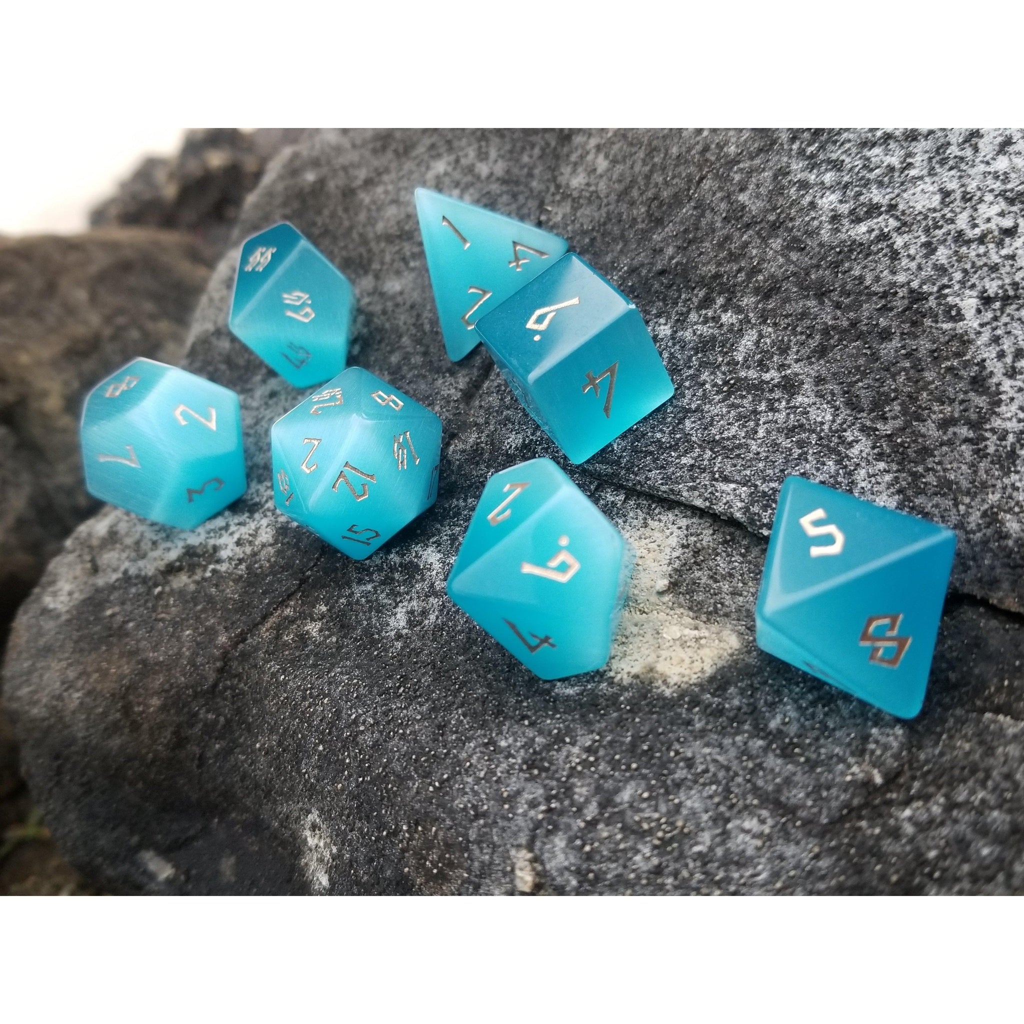 Aqua Blue Cat's Eye Stone Dice Set - Misty Mountain Gaming - 7