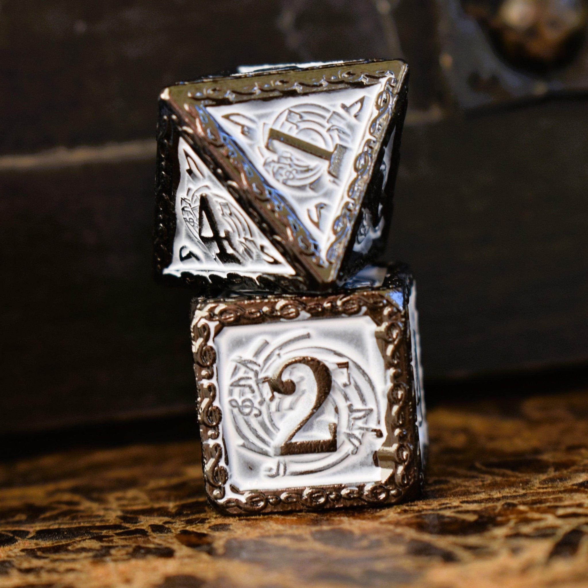 Ballad of the Bard Black and White Metal Dice Set - Misty Mountain Gaming - 4