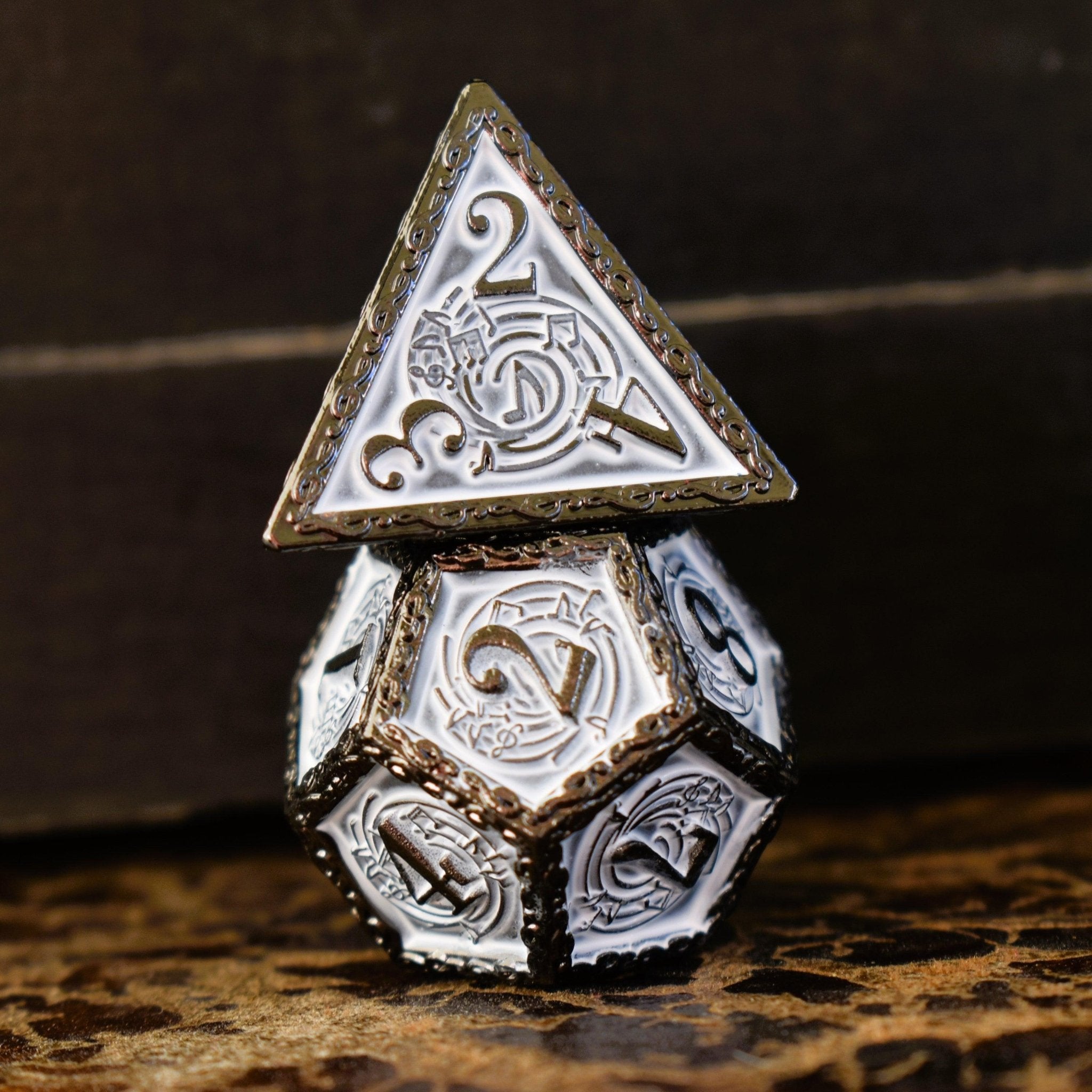 Ballad of the Bard Black and White Metal Dice Set - Misty Mountain Gaming - 3