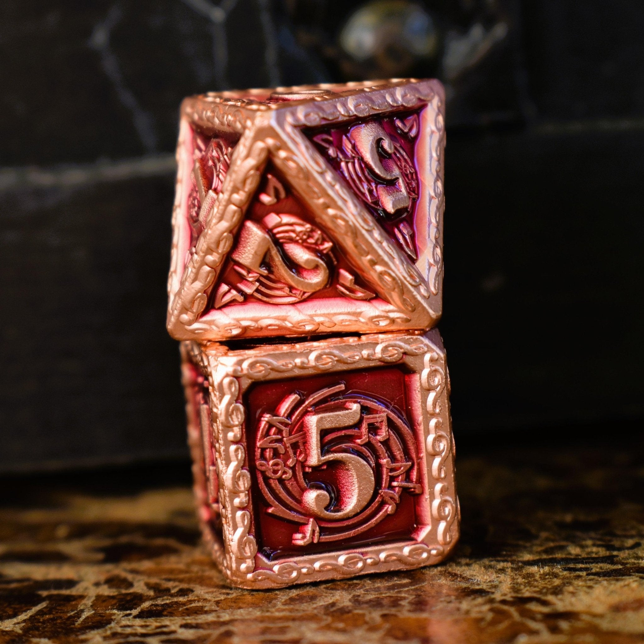 Ballad of the Bard Fuchsia and Bronze Metal Dice Set - Misty Mountain Gaming - 4