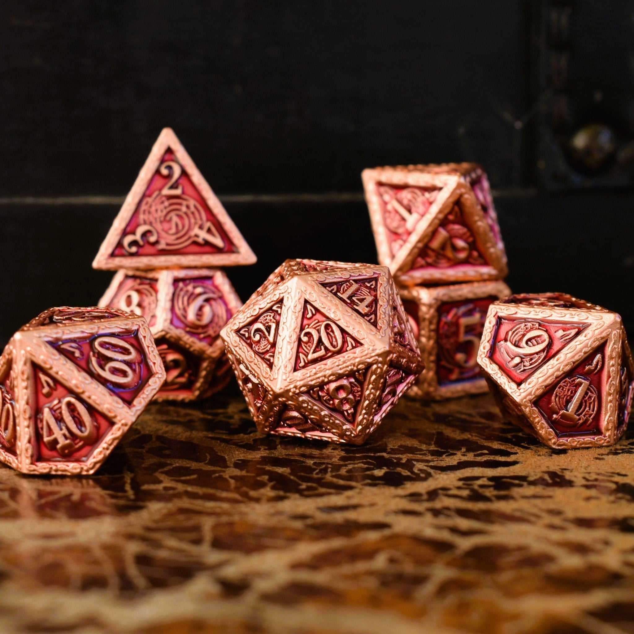 Ballad of the Bard Fuchsia and Bronze Metal Dice Set - Misty Mountain Gaming - 1