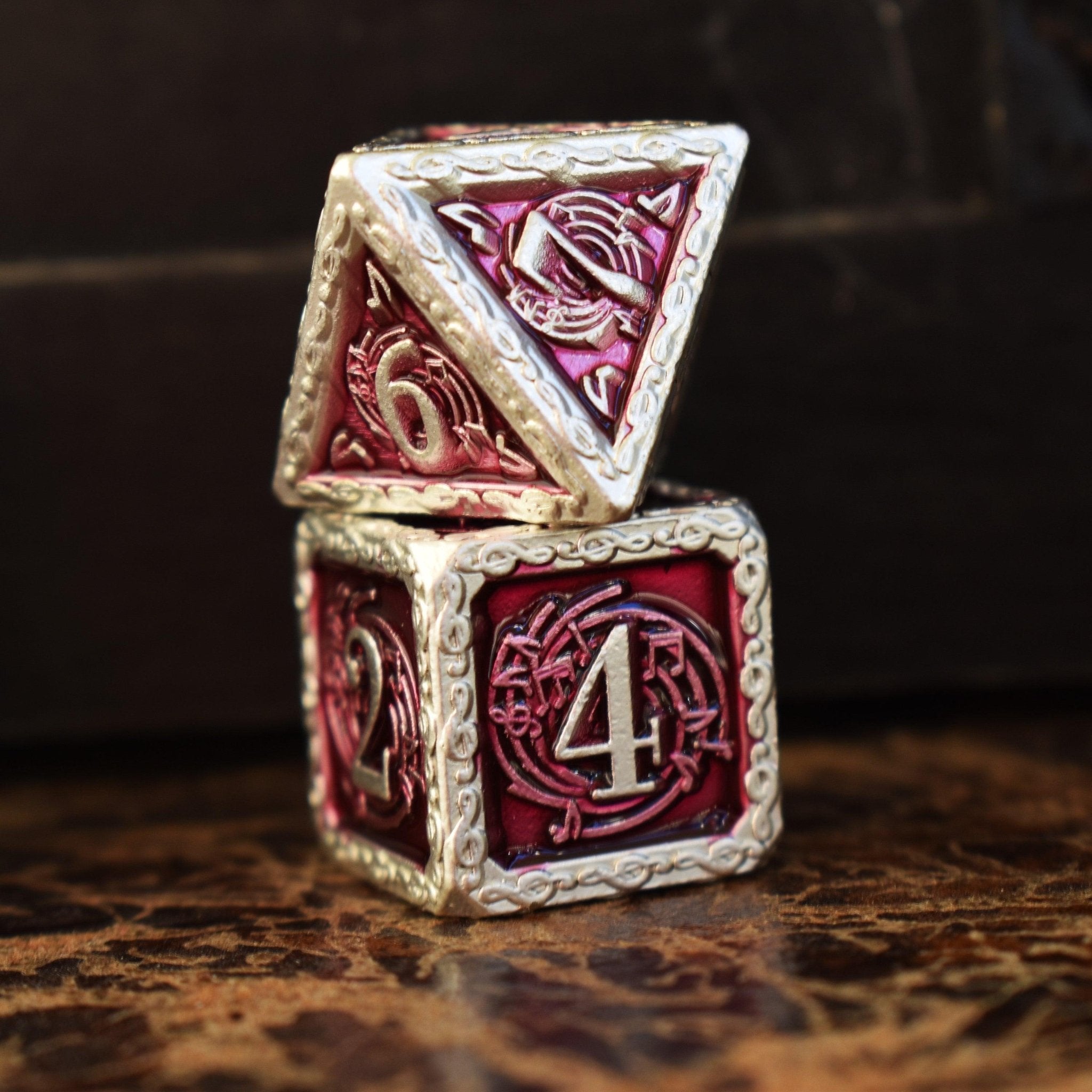 Ballad of the Bard Fuchsia and Silver Metal Dice Set - Misty Mountain Gaming - 4