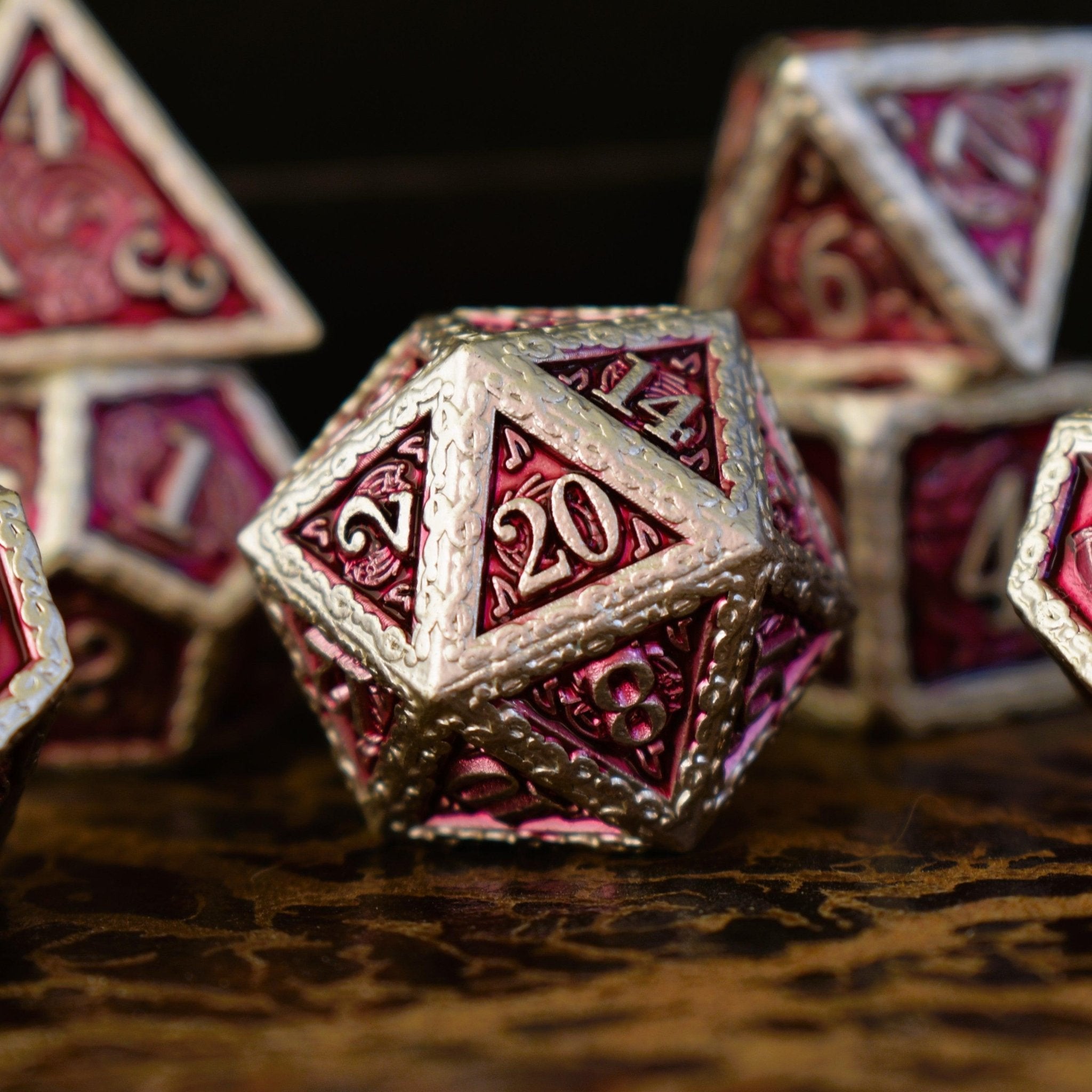 Ballad of the Bard Fuchsia and Silver Metal Dice Set - Misty Mountain Gaming - 2