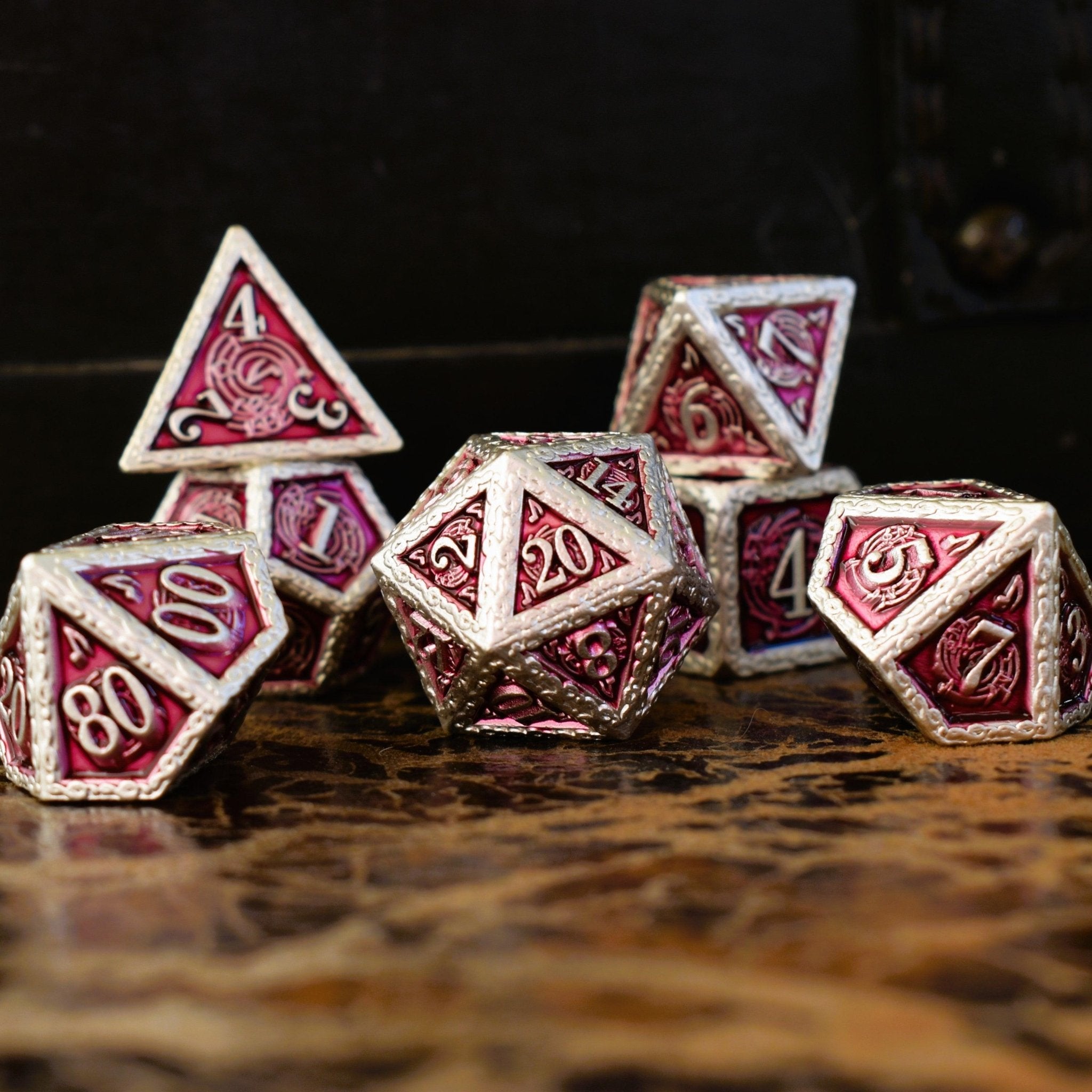 Ballad of the Bard Fuchsia and Silver Metal Dice Set - Misty Mountain Gaming - 1