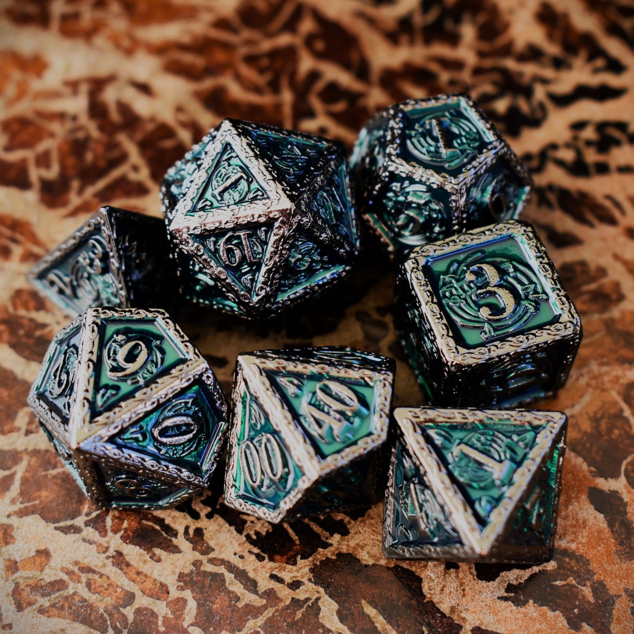 Ballad of the Bard Green and Black Metal Dice Set - Misty Mountain Gaming - 5