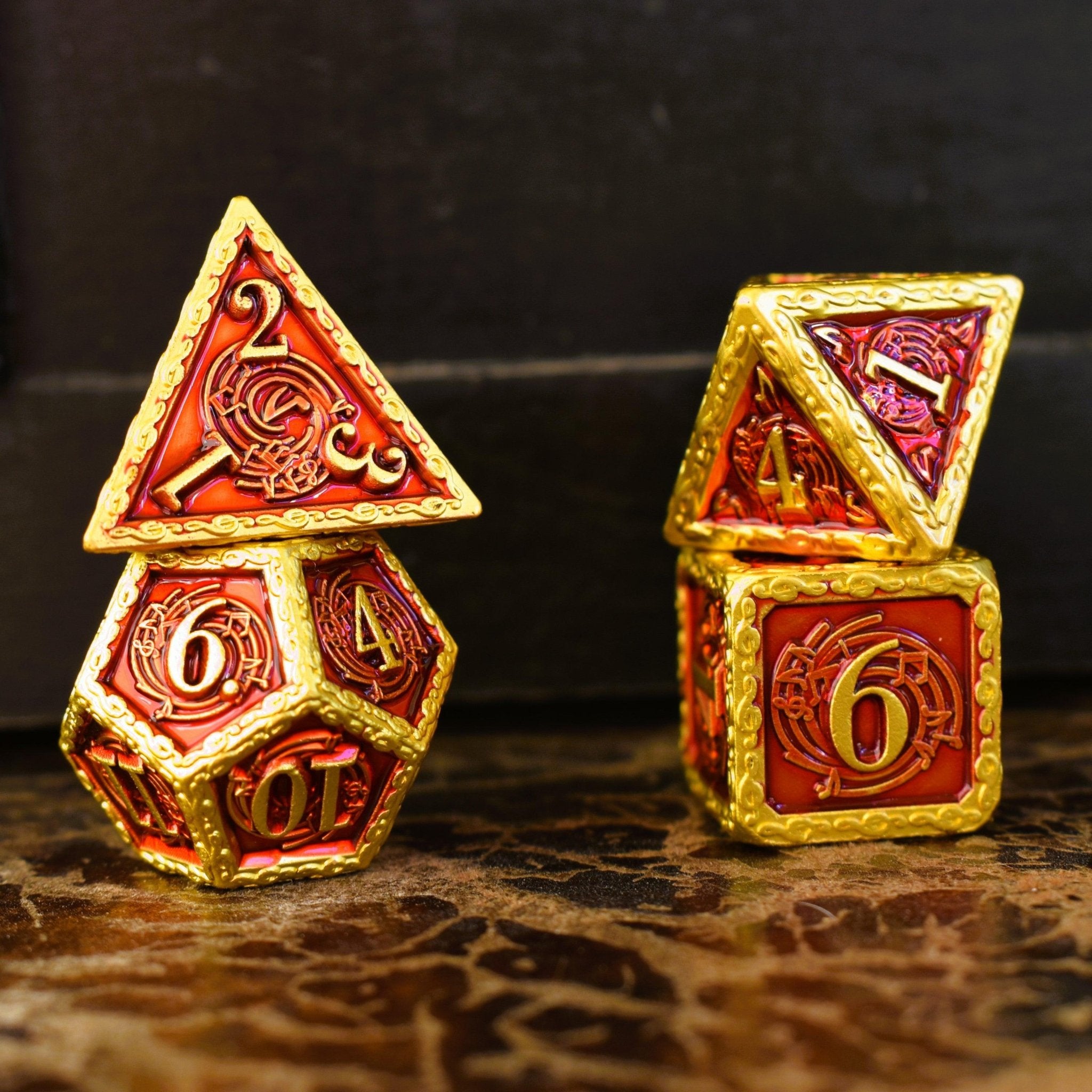 Ballad of the Bard Red and Gold Metal Dice Set - Misty Mountain Gaming - 4