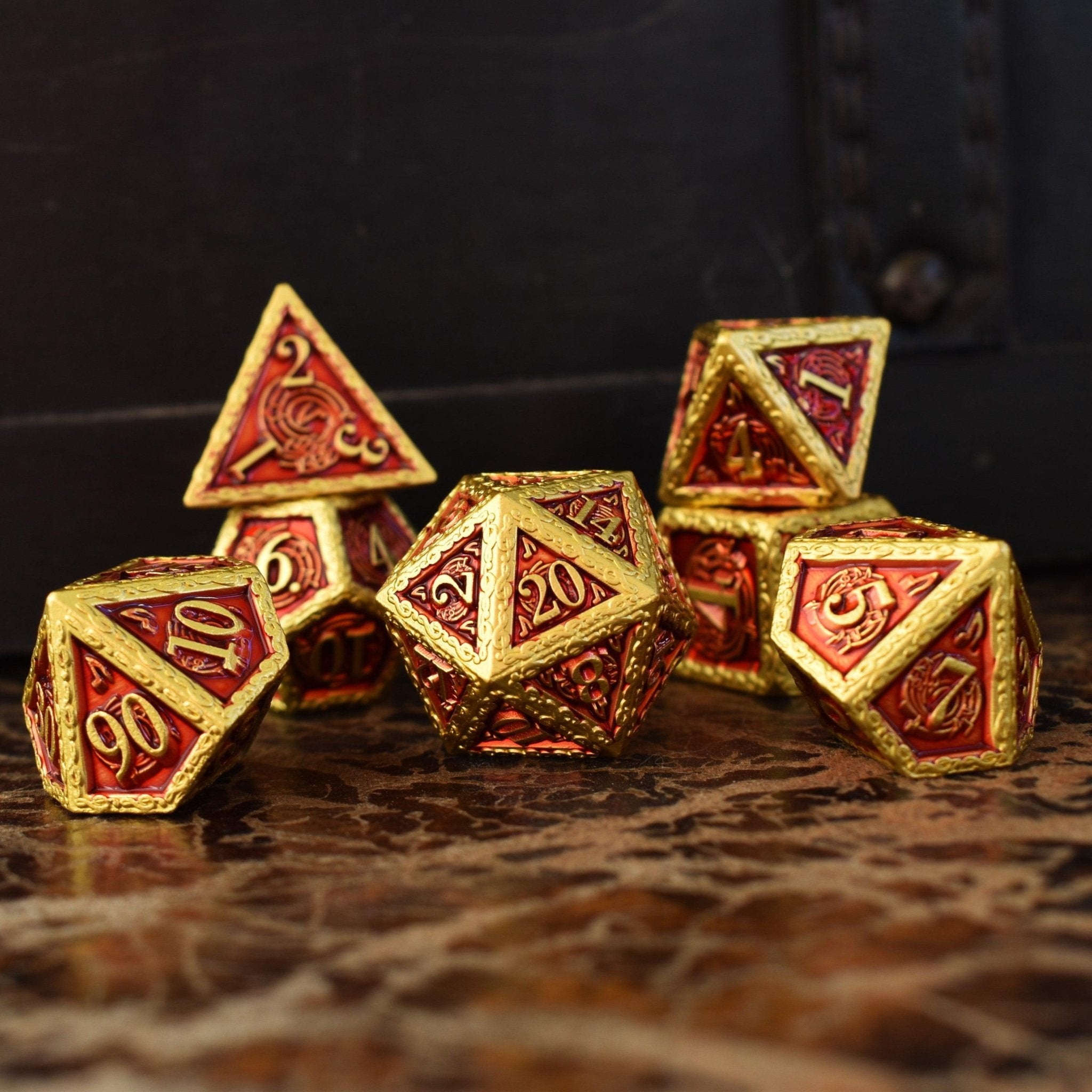 Ballad of the Bard Red and Gold Metal Dice Set - Misty Mountain Gaming - 1