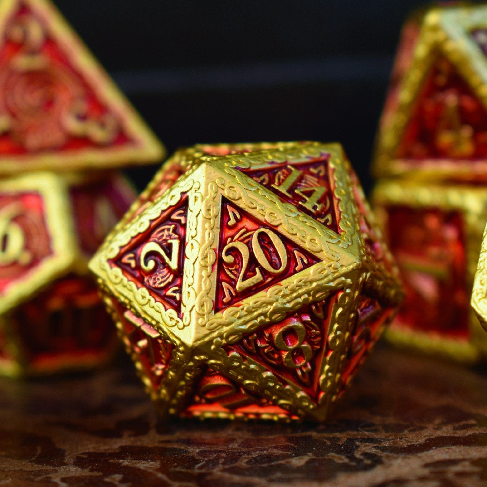 Ballad of the Bard Red and Gold Metal Dice Set - Misty Mountain Gaming - 3