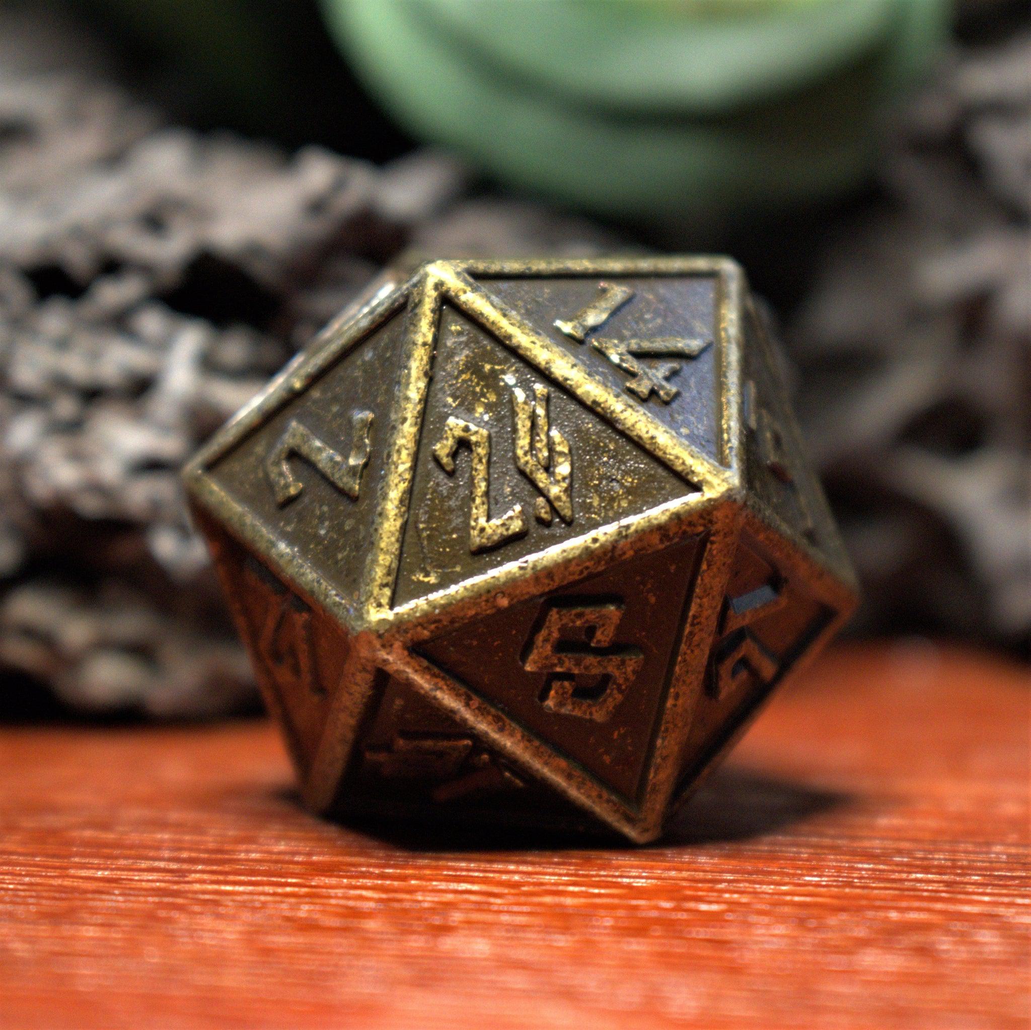 Battle - Worn Gold Metal 35mm D20 - Misty Mountain Gaming - 1