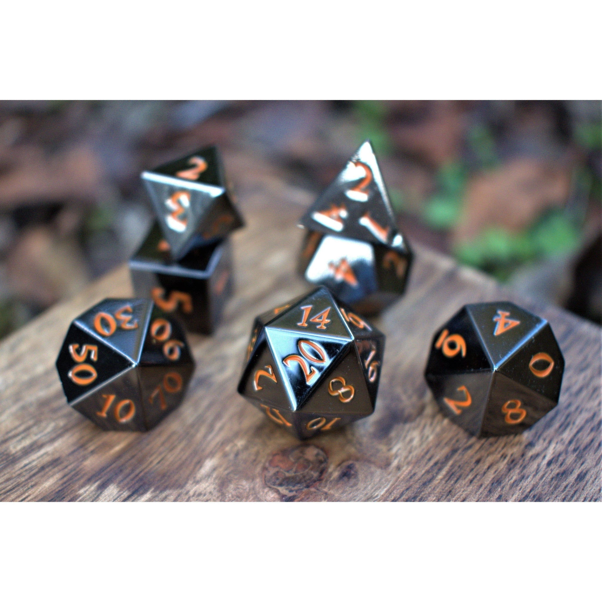 Black and Orange Sharp - Edged Metal Dice - Misty Mountain Gaming - 2