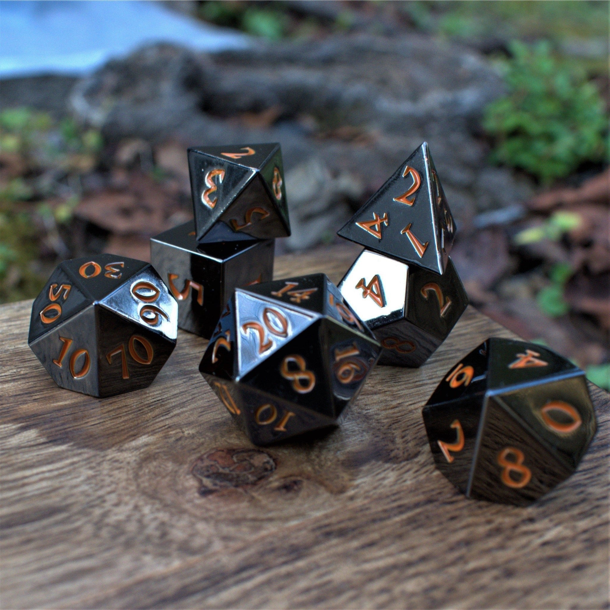 Black and Orange Sharp - Edged Metal Dice - Misty Mountain Gaming - 1