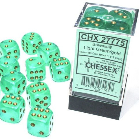 Chessex Borealis® 16mm d6 Light Green/Gold Luminary™ Dice Block™ (12 dice) - Chessex - 1