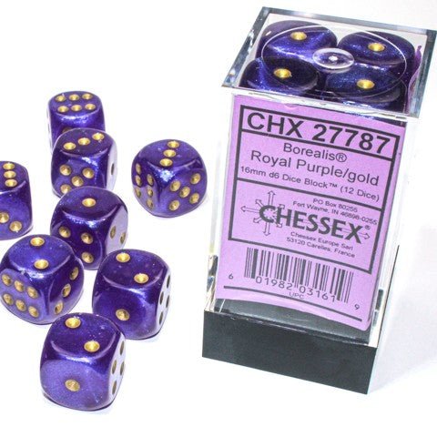 Chessex Borealis® 16mm d6 Royal Purple/Gold Luminary™ Dice Block™ (12 dice) - Chessex - 1