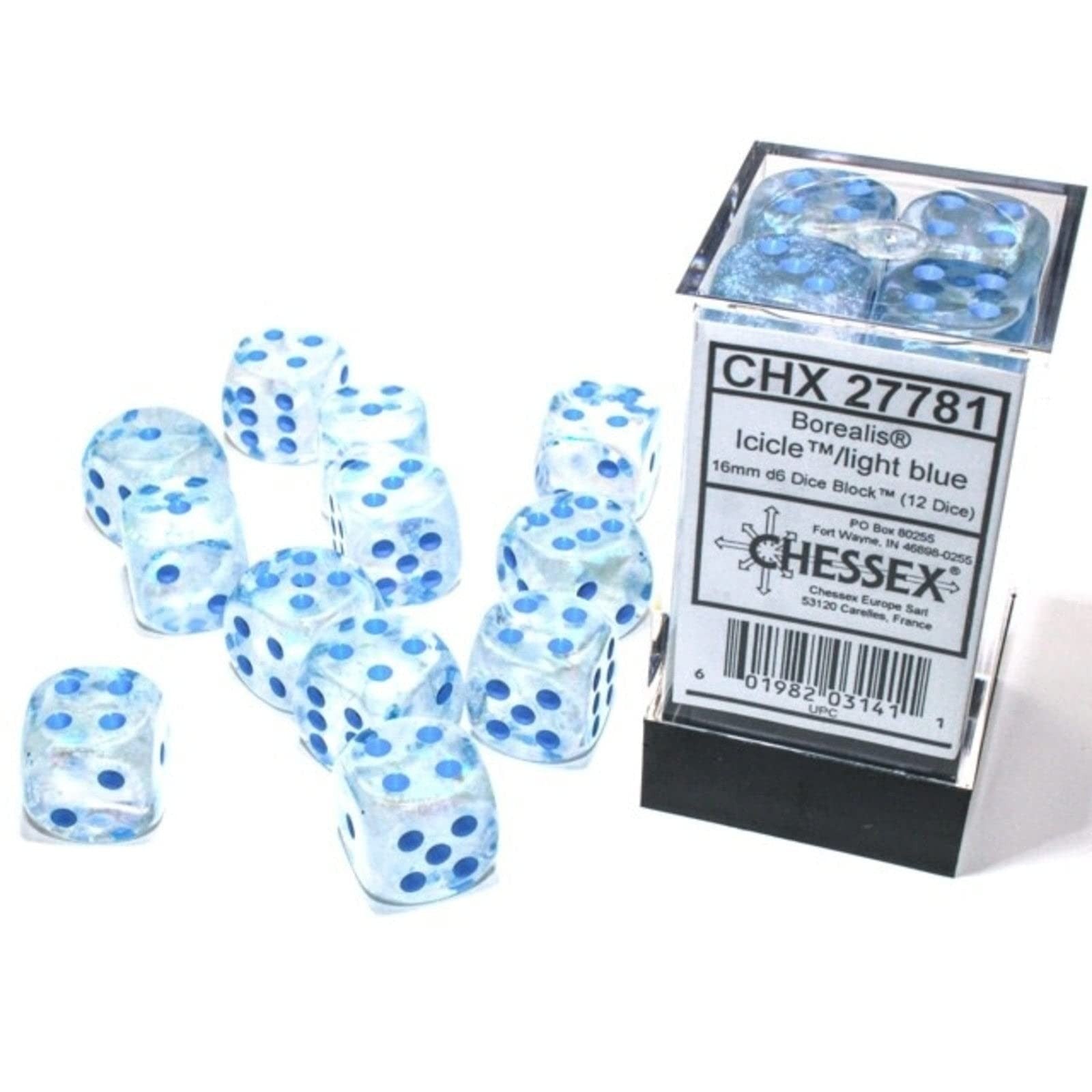 Chessex Borealis® Icicle™/Light Blue Luminary™ 16mm d6 12 Dice Block™ - Chessex - 1