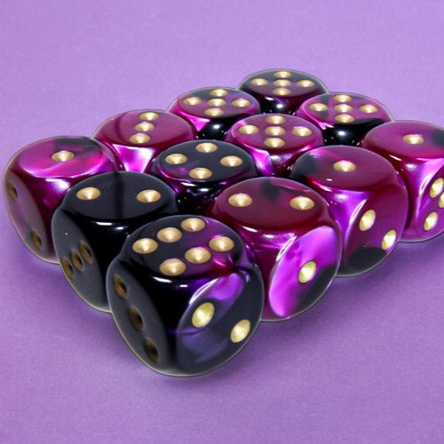 Chessex Gemini® 16mm d6 Black-Purple/Gold Dice Block™ (12 dice) - Chessex - 1