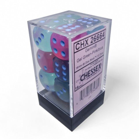 Chessex Gemini® 16mm d6 Gel Green-Pink/Blue Luminary™ Dice Block™ (12 dice) - Chessex - 2