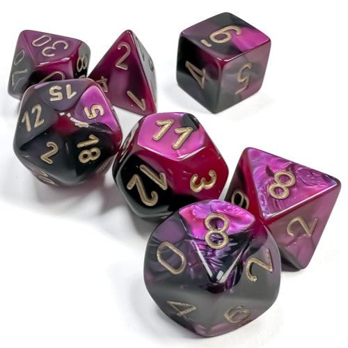 Chessex Gemini® Polyhedral Dice, Black-Purple/Gold (7-Die Set) - Chessex - 1