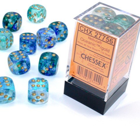 Chessex Nebula® 16mm d6 Oceanic™/Gold Luminary™ Dice Block™ (12 dice) - Chessex - 1