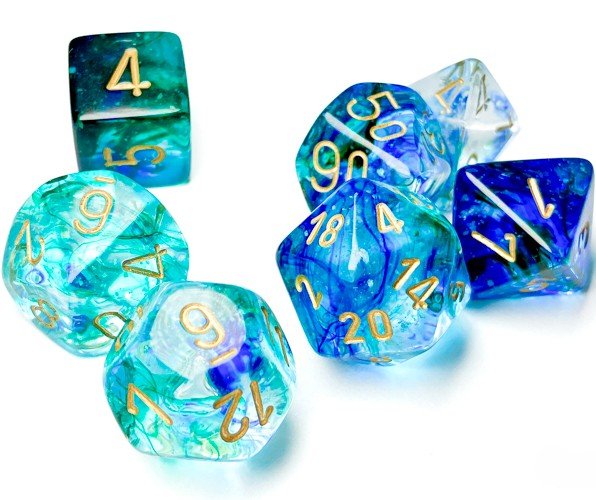 Chessex Nebula® Polyhedral Dice, Oceanic™/gold Luminary™ (7-Die Set) - Chessex - 1