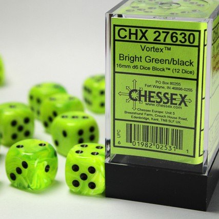 Chessex Vortex® 16mm d6 Bright Green/Black Dice Block™ (12 dice) - Chessex - 1