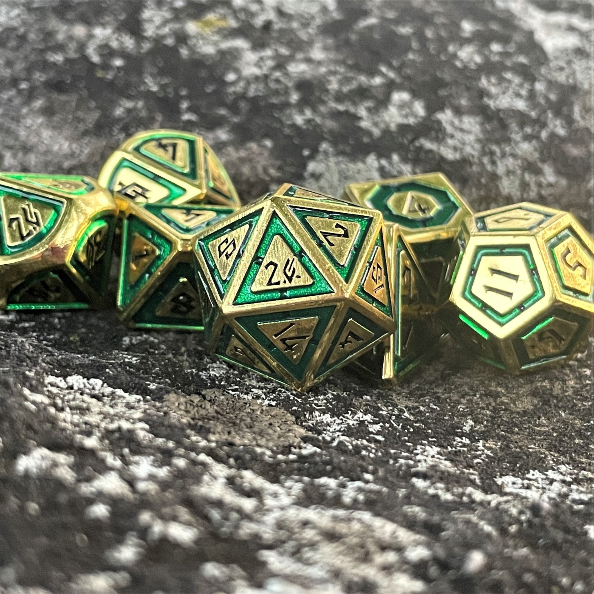 Cleric's Domain Green And Gold Metal Dice Set - Misty Mountain Gaming - 1