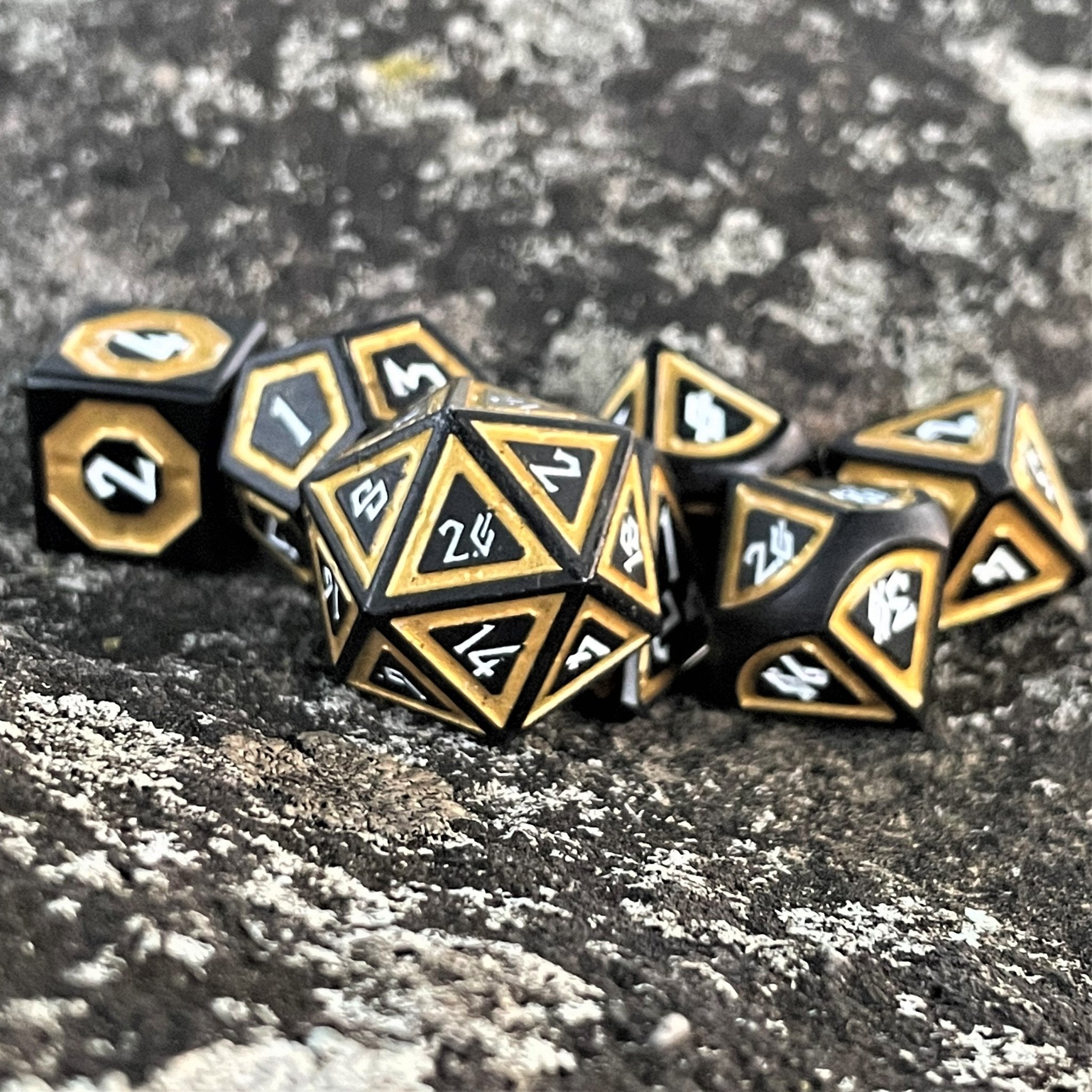 Cleric's Shadow Domain Black And Gold Metal Dice Set - Misty Mountain Gaming - 1