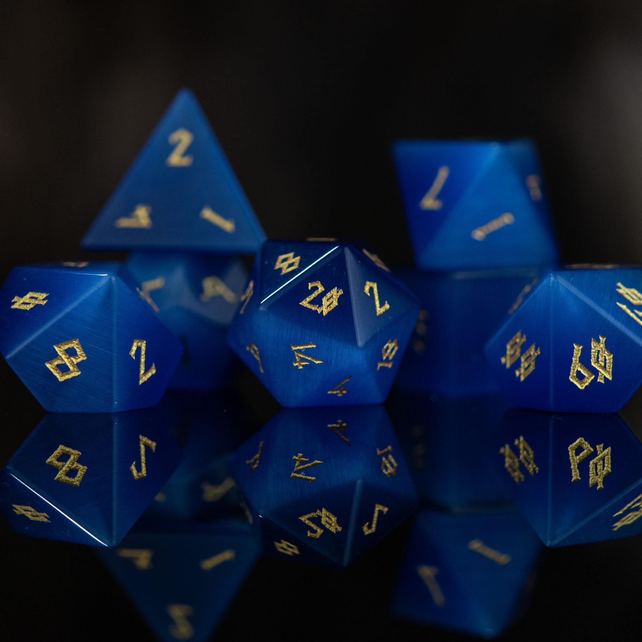 Deep Blue Cat's Eye Stone Dice Set - Misty Mountain Gaming - 3