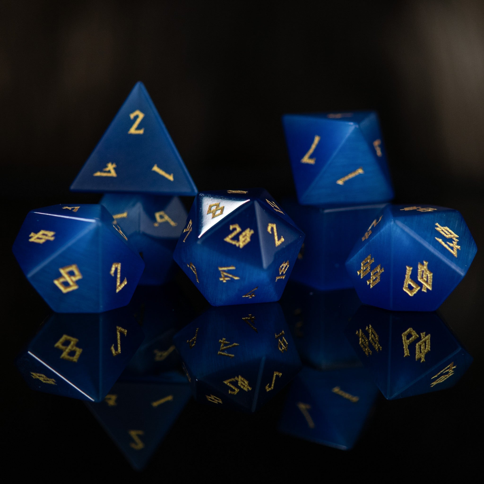 Deep Blue Cat's Eye Stone Dice Set - Misty Mountain Gaming - 1