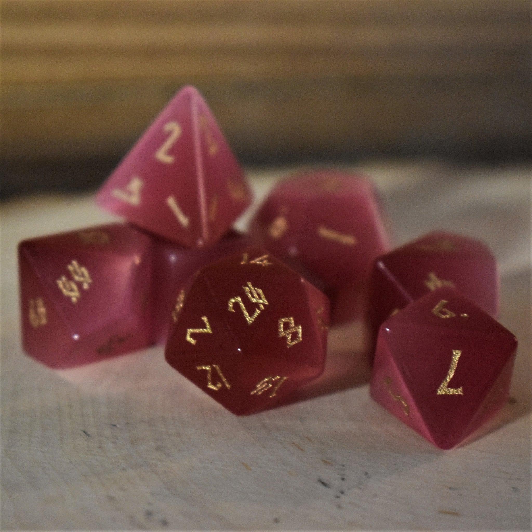 Deep Pink Cat's Eye Stone Dice Set - Misty Mountain Gaming - 3