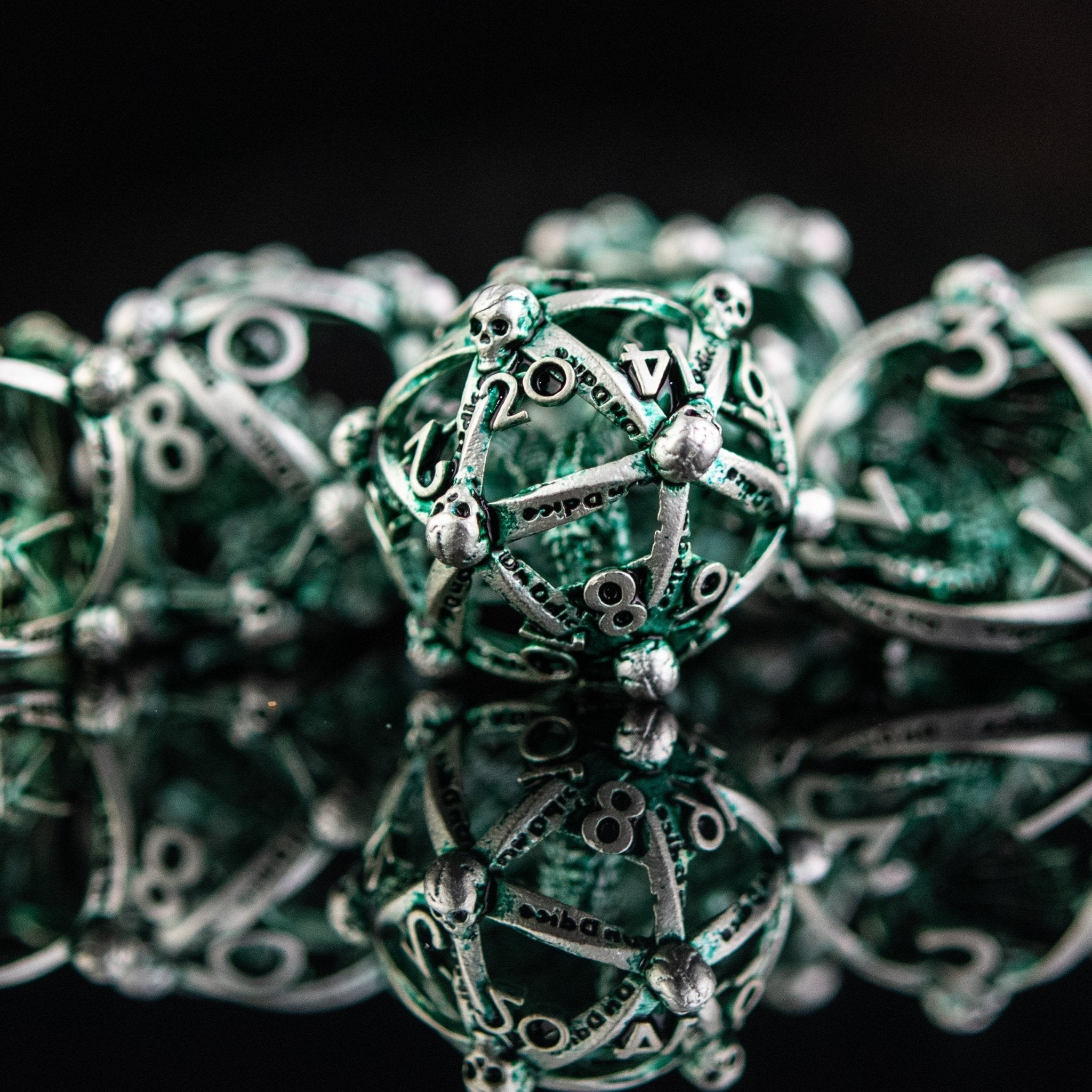 Draco Immortui Hollow Metal Dice Set - Green and Silver - Misty Mountain Gaming - 2