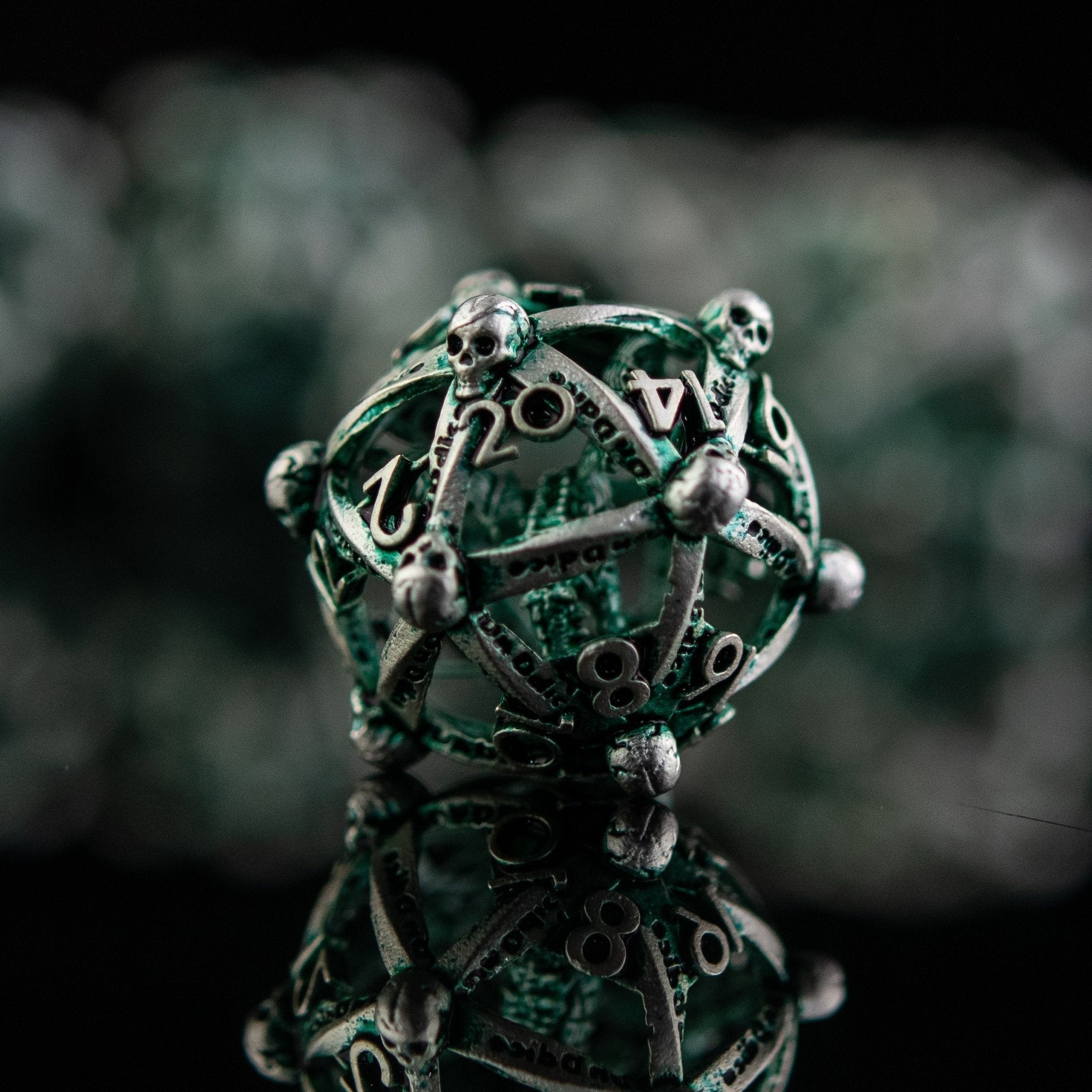 Draco Immortui Hollow Metal Dice Set - Green and Silver - Misty Mountain Gaming - 3