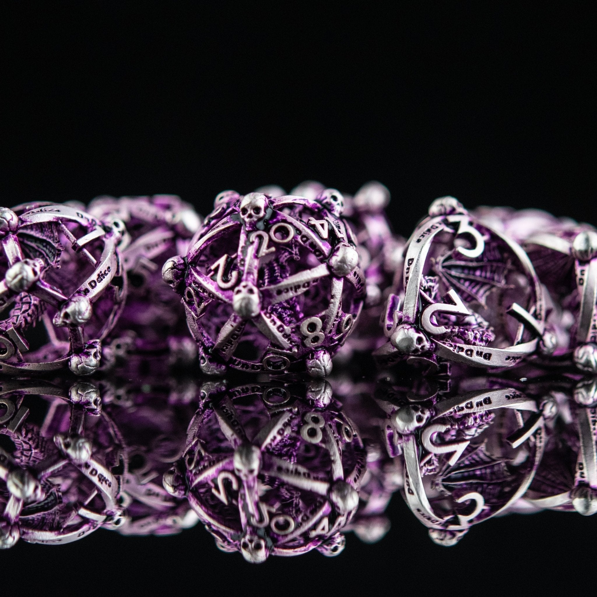 Draco Immortui Hollow Metal Dice Set - Purple and Silver - Misty Mountain Gaming - 2