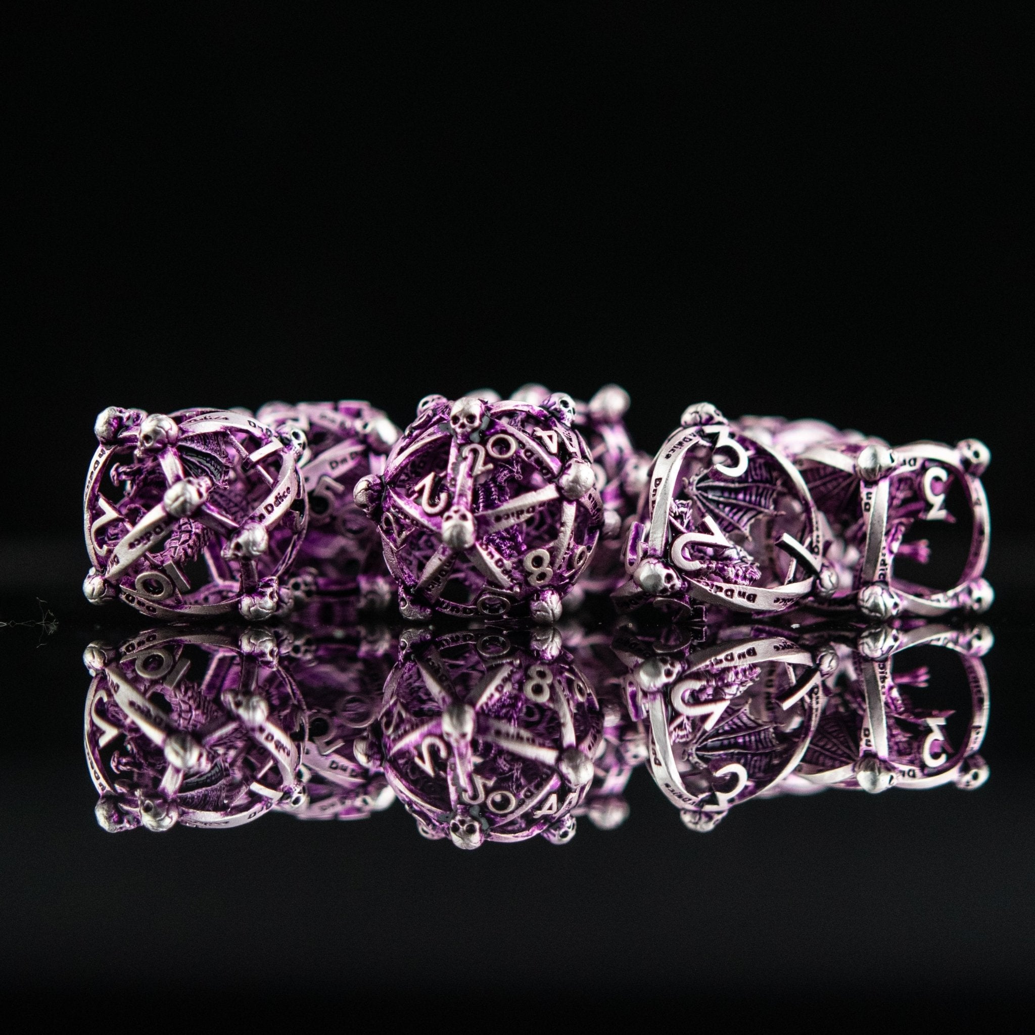 Draco Immortui Hollow Metal Dice Set - Purple and Silver - Misty Mountain Gaming - 1