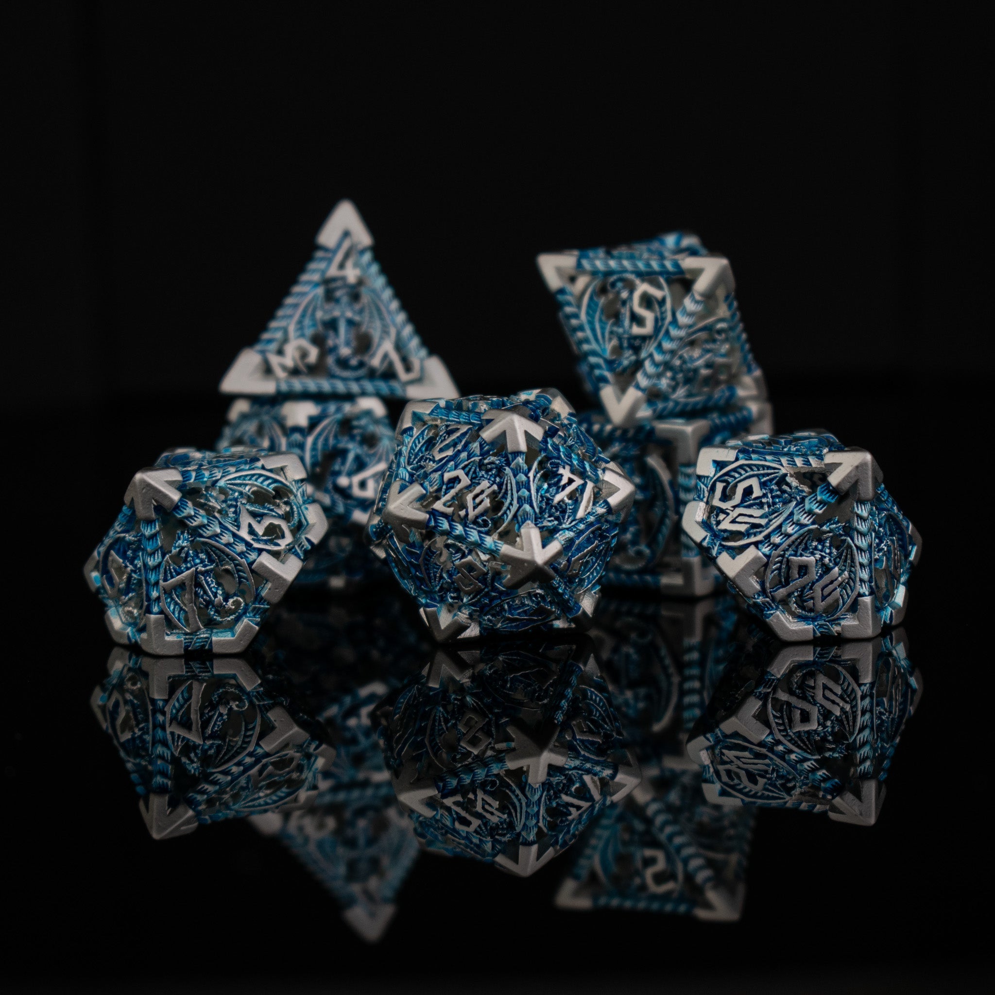 Dragonguard Hollow Metal Dice Set - Azure and Silver - Misty Mountain Gaming - 1