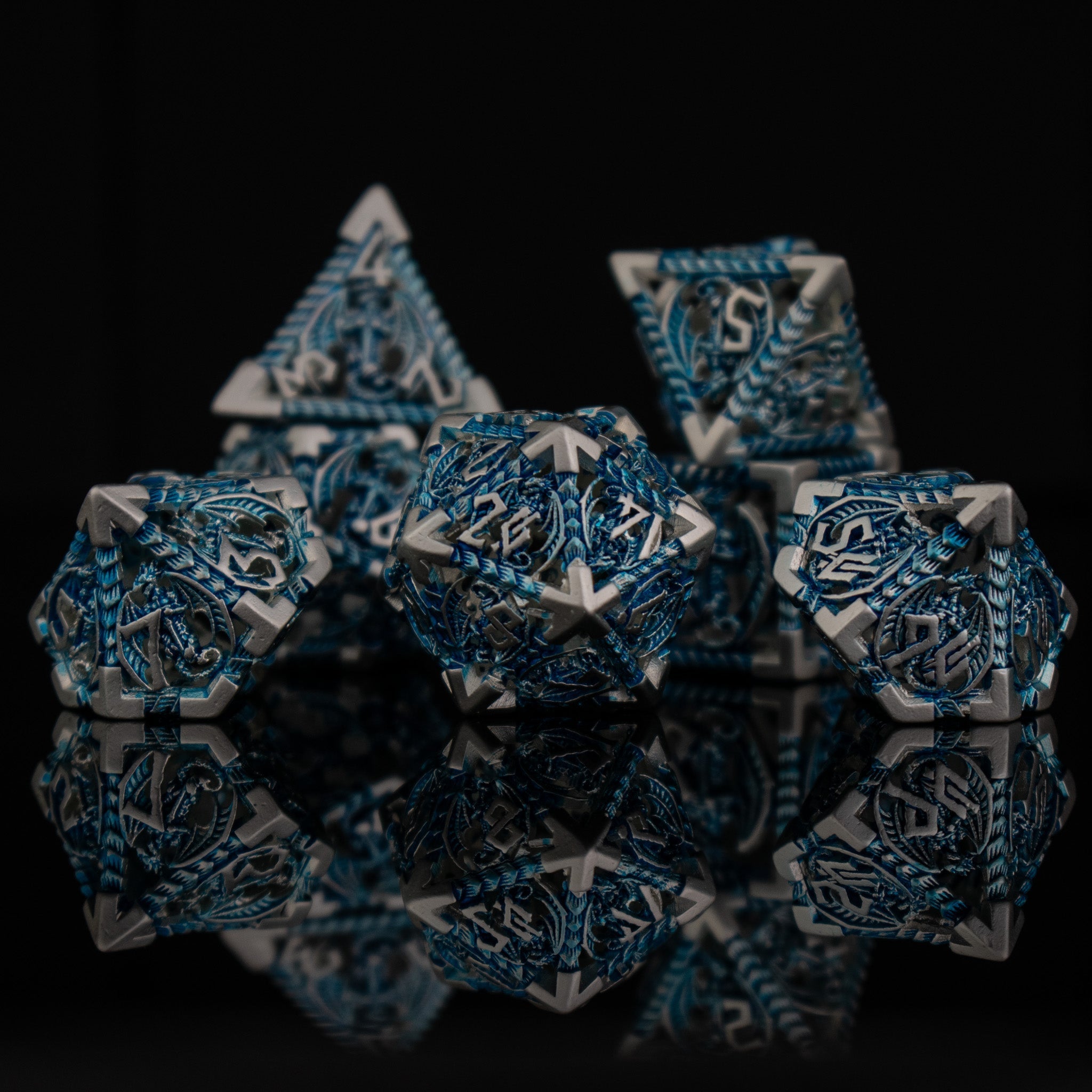 Dragonguard Hollow Metal Dice Set - Azure and Silver - Misty Mountain Gaming - 2