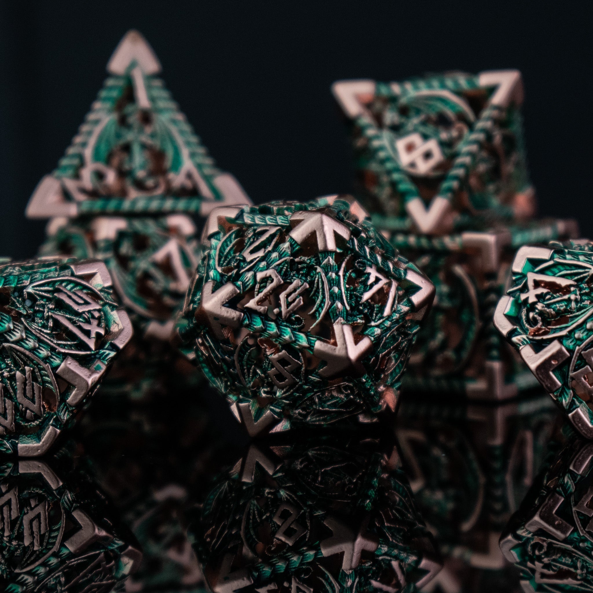 Dragonguard Hollow Metal Dice Set - Emerald and Bronze - Misty Mountain Gaming - 2