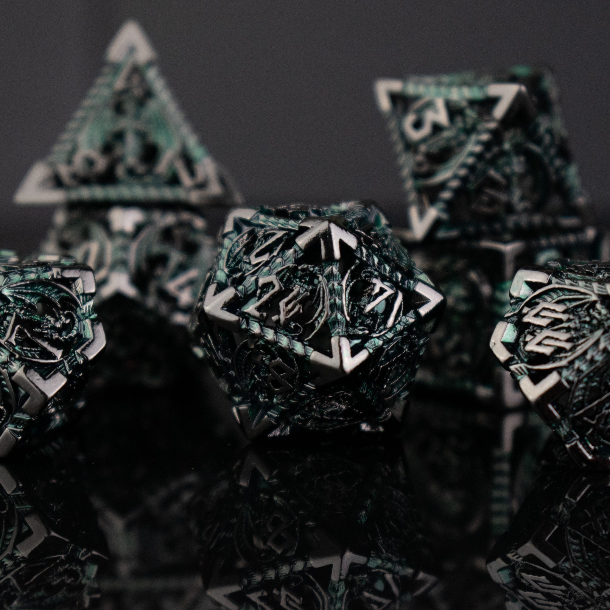 Dragonguard Hollow Metal Dice Set - Emerald and Shadow - Misty Mountain Gaming - 2