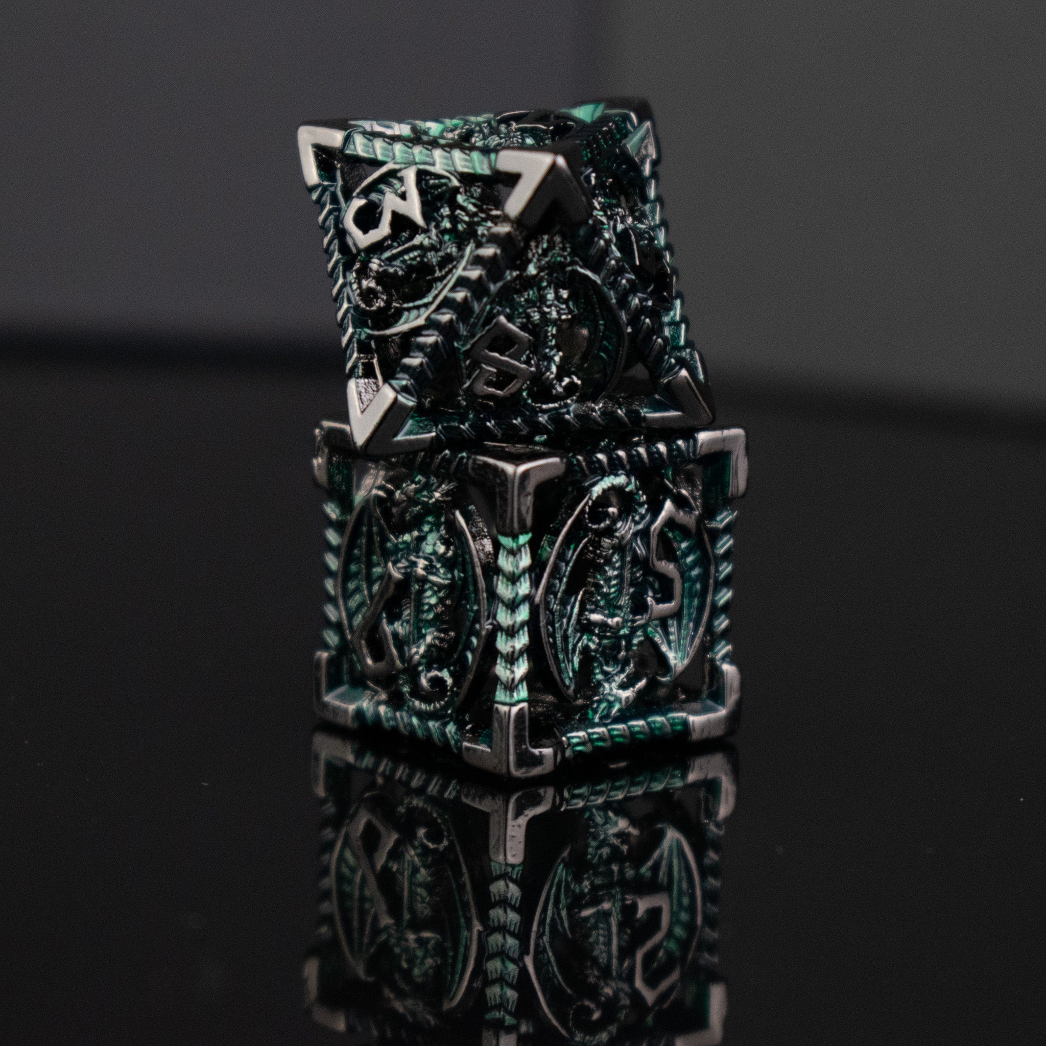 Dragonguard Hollow Metal Dice Set - Emerald and Shadow - Misty Mountain Gaming - 5