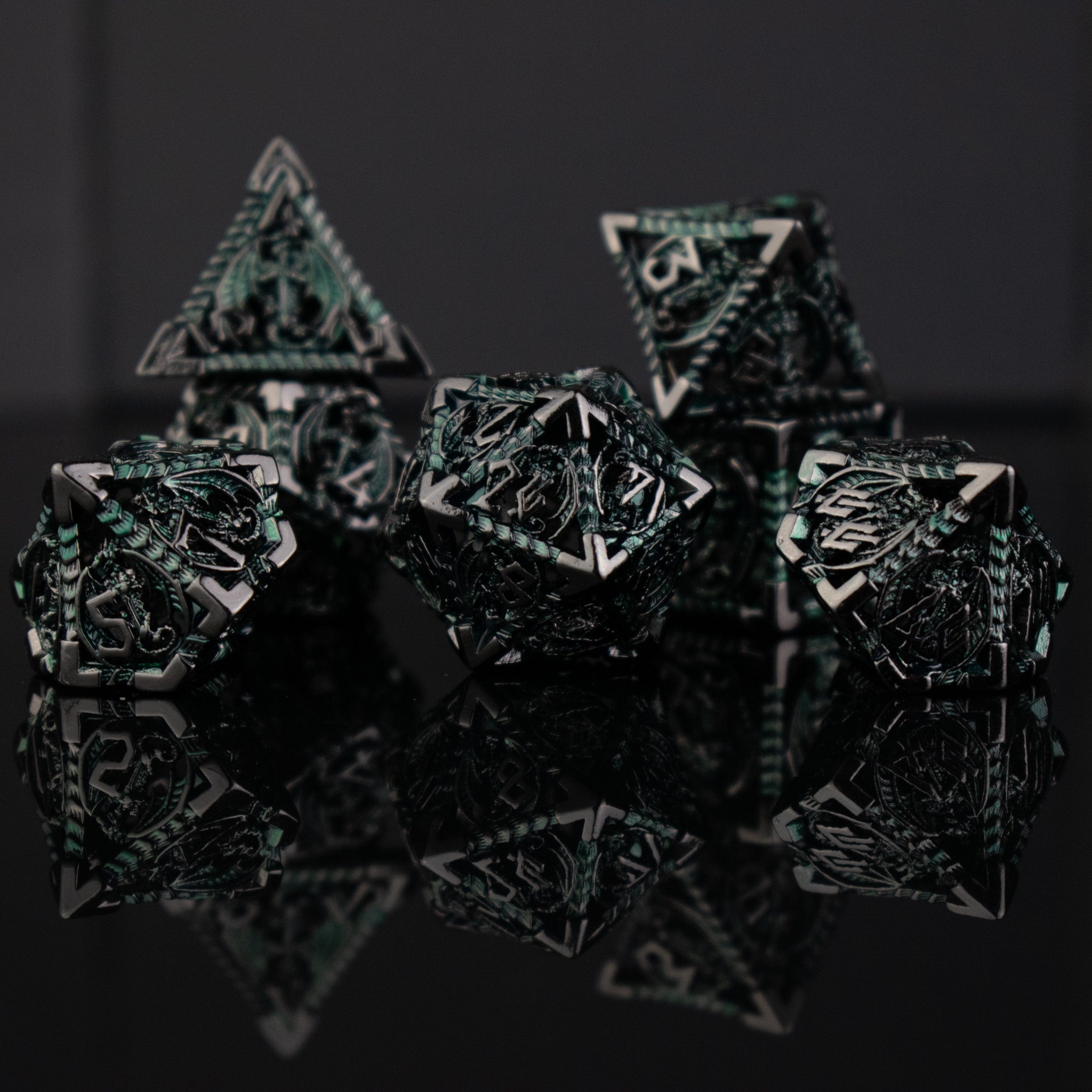 Dragonguard Hollow Metal Dice Set - Emerald and Shadow - Misty Mountain Gaming - 6